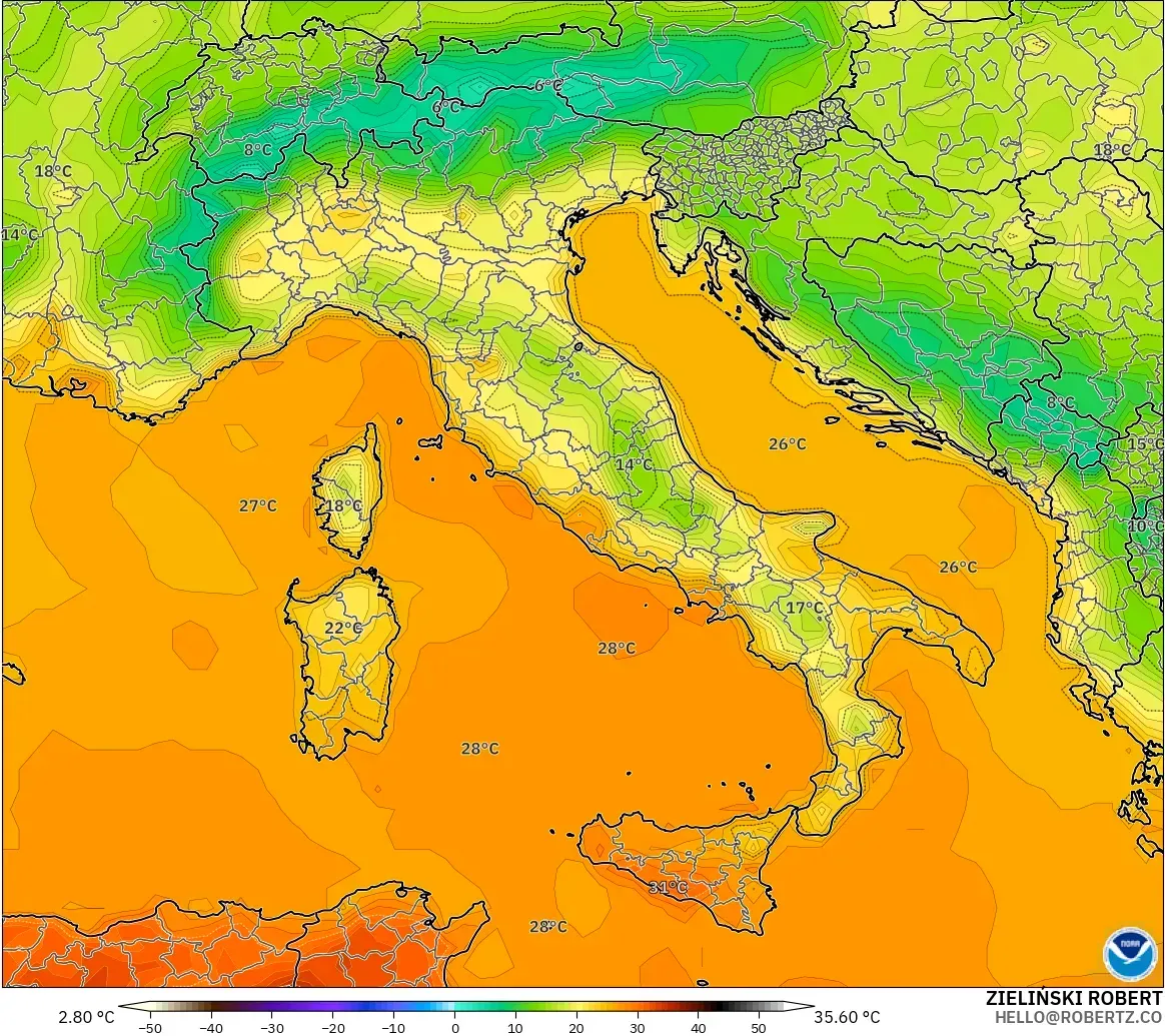 GFS modelo - Italia, Temperatura a 2 m