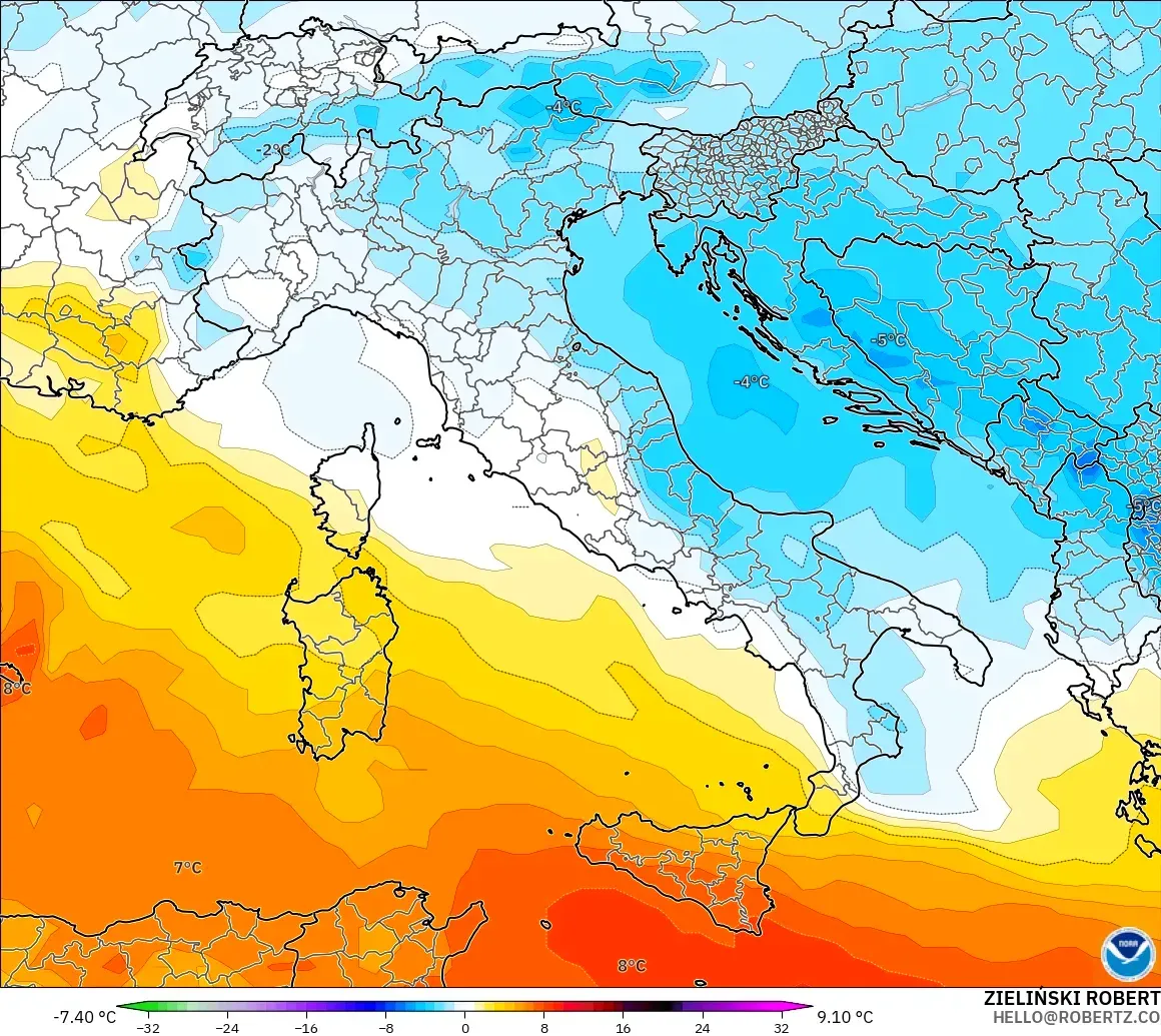 GFS modelo - Italia, Anomalía de temperatura a 850 hPa