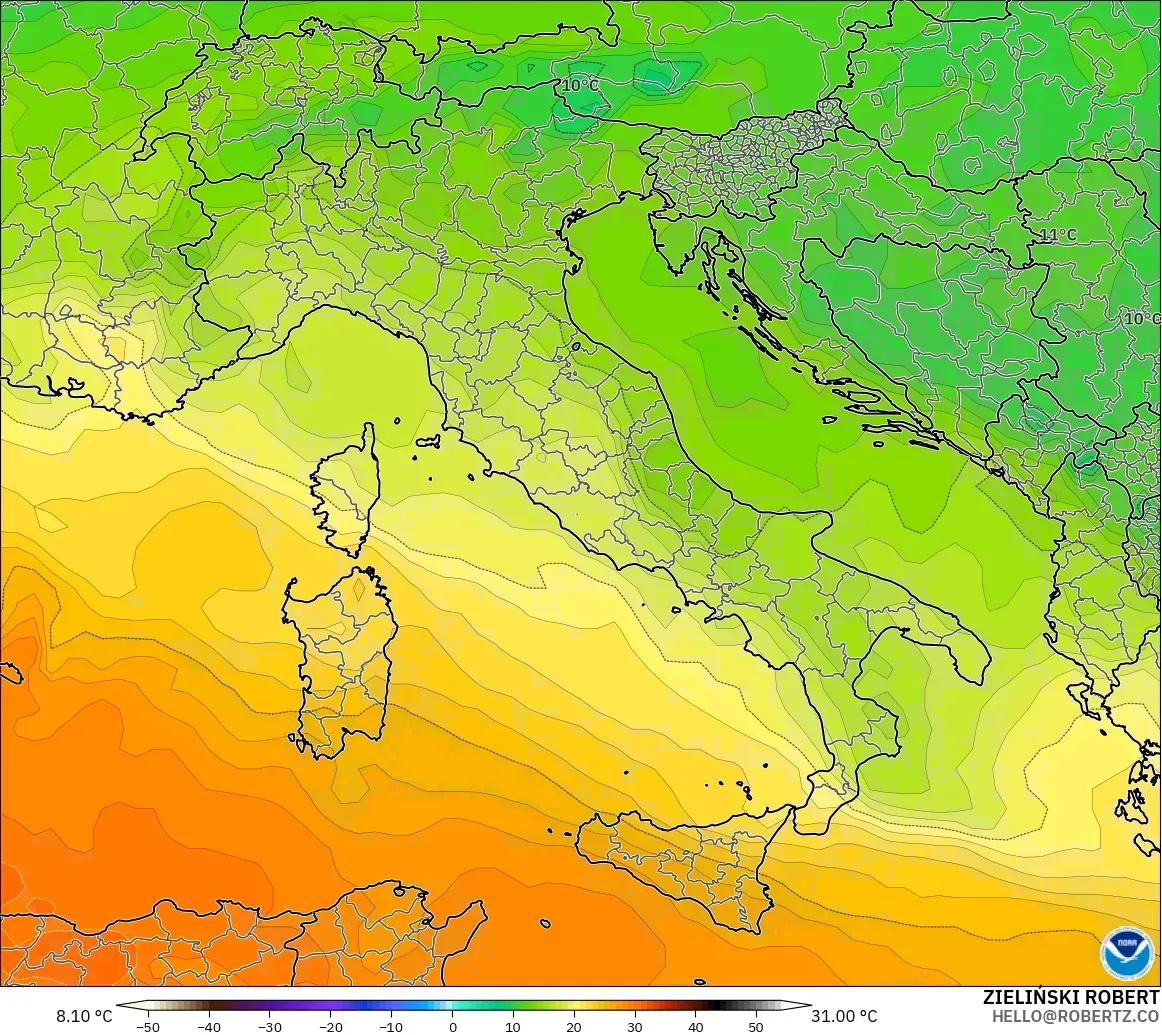 GFS modelo - Italia, Temperatura a 850 hPa