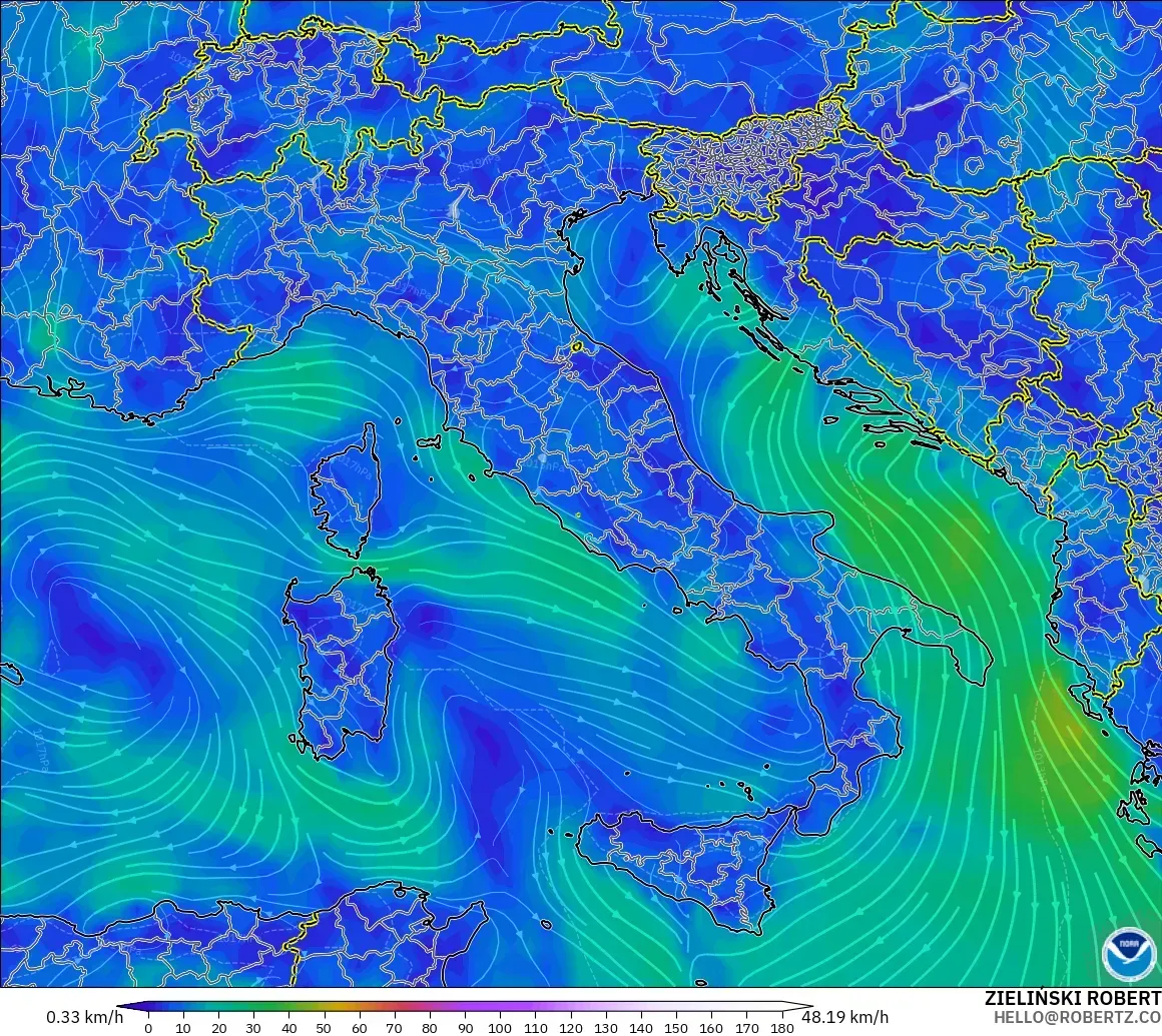 GFS modelo - Italia, Viento a 10 m