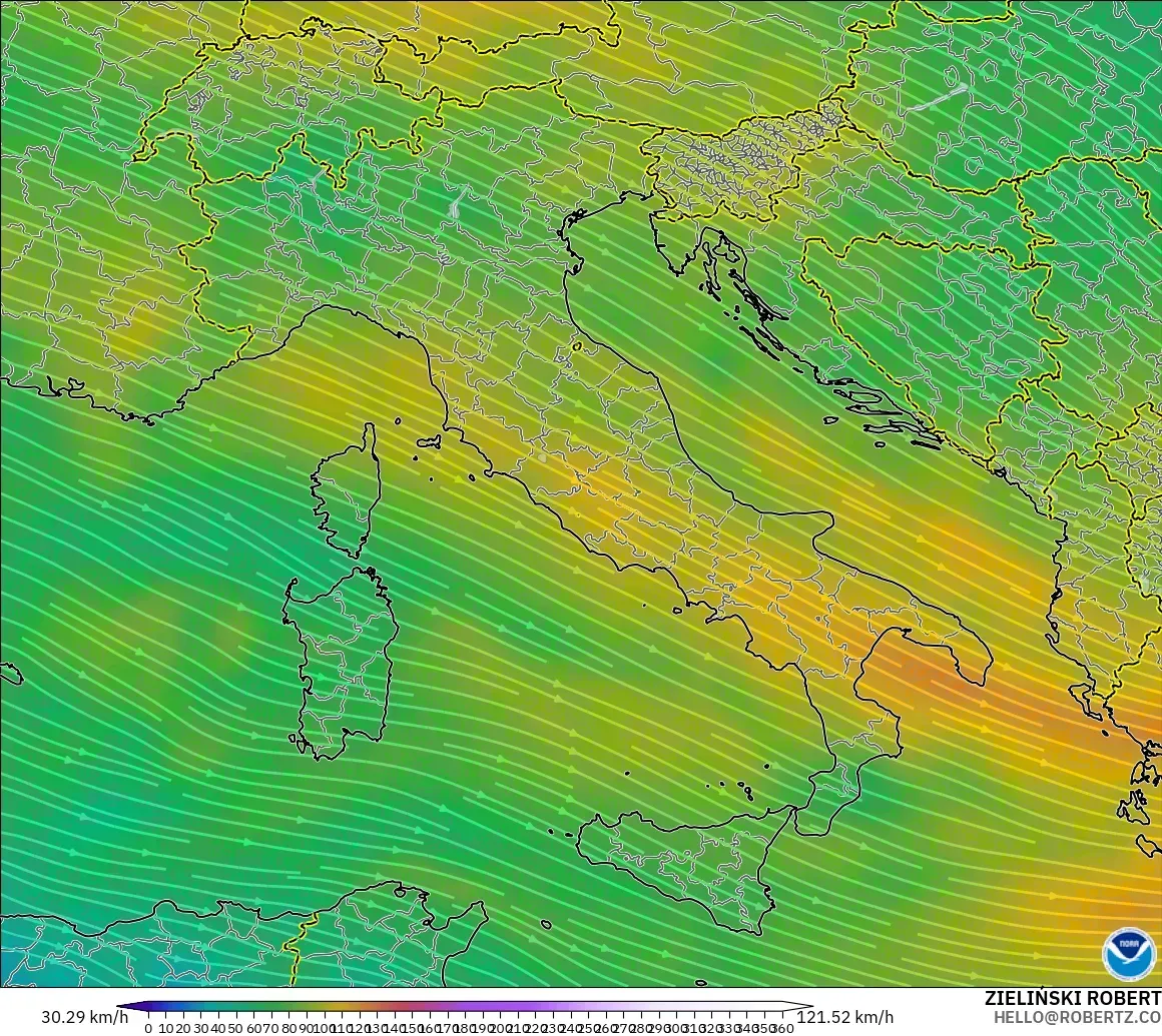 GFS modelo - Italia, Viento a 300 hPa (corriente en chorro)