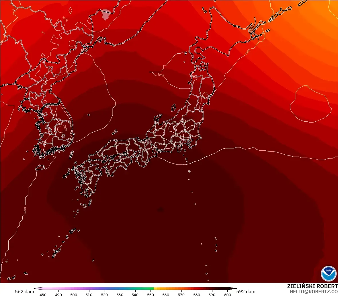 GFS modelo - Japón, Altura geopotencial a 500 hPa