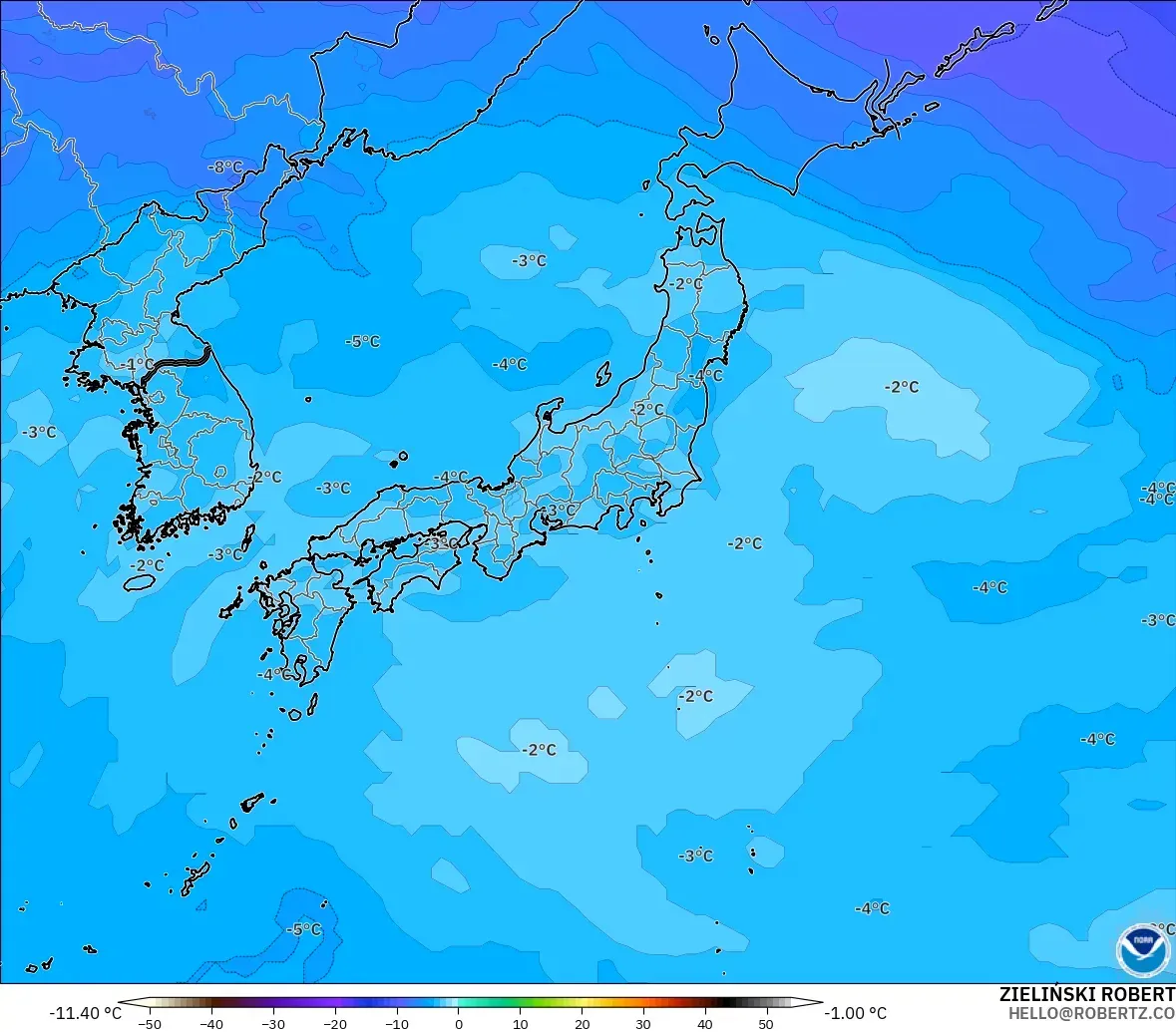 GFS modelo - Japón, Temperatura a 500 hPa