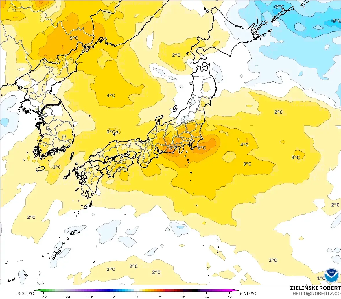 GFS modelo - Japón, Anomalía de temperatura a 850 hPa