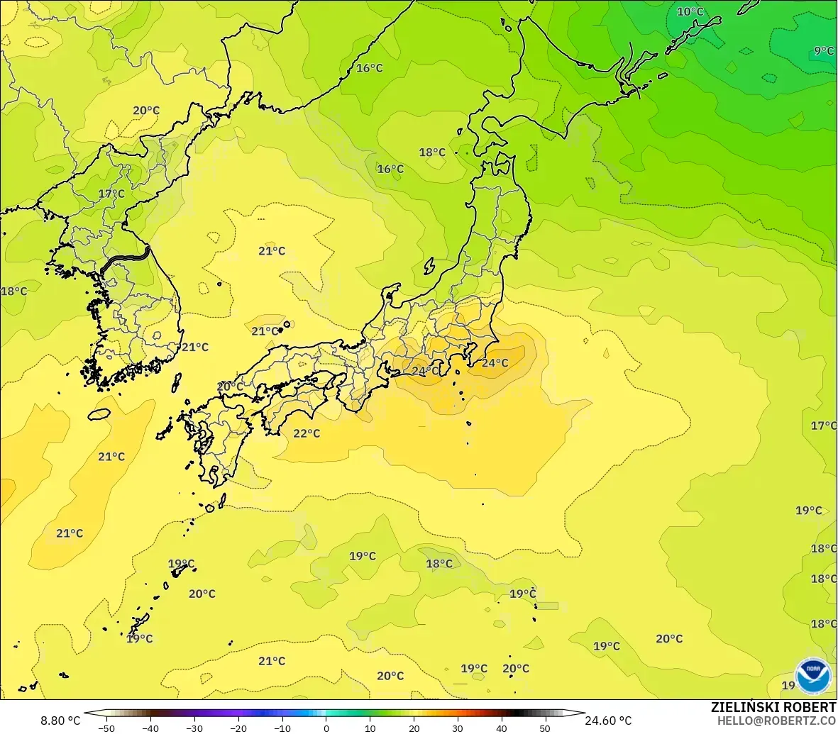 GFS modelo - Japón, Temperatura a 850 hPa