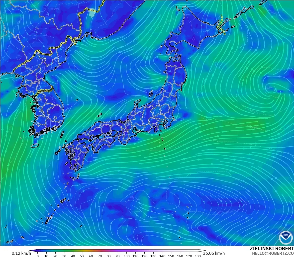 GFS modelo - Japón, Viento a 10 m