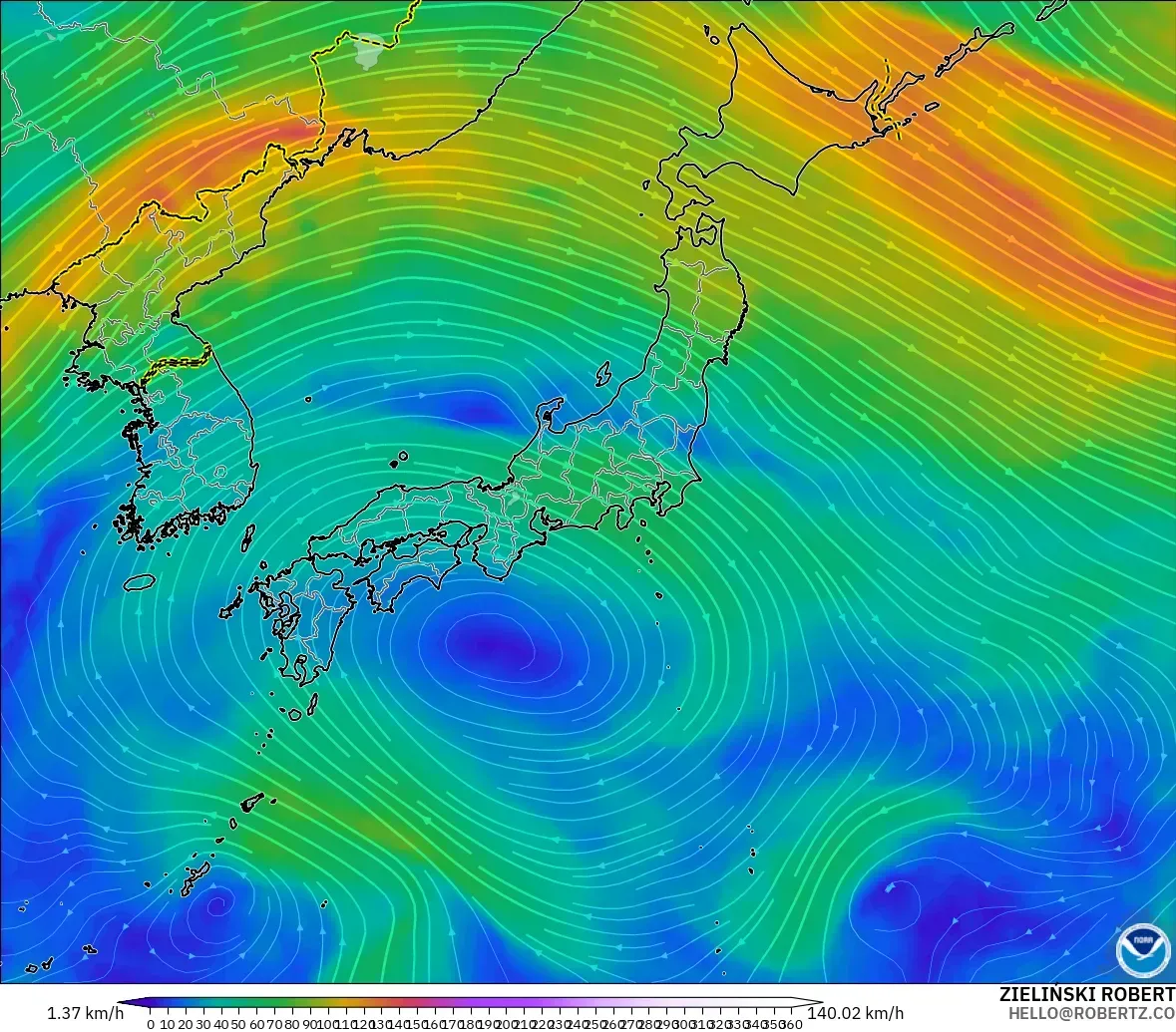 GFS modelo - Japón, Viento a 300 hPa (corriente en chorro)