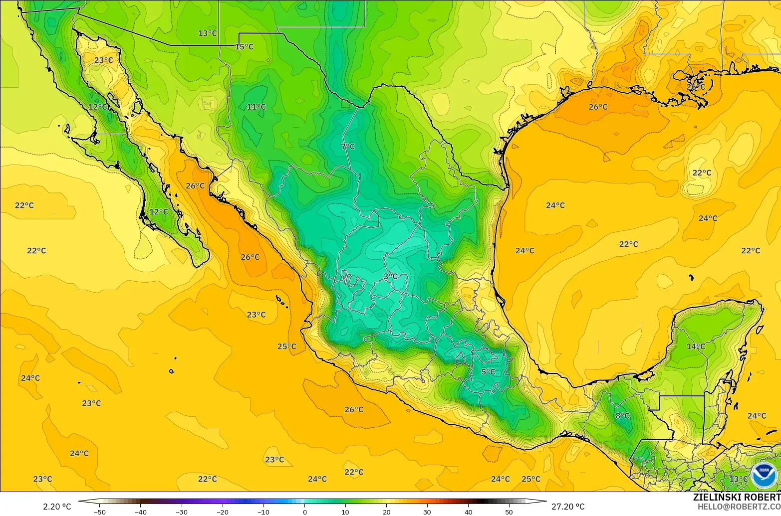 GFS modelo - México, Punto de rocío a 2 m
