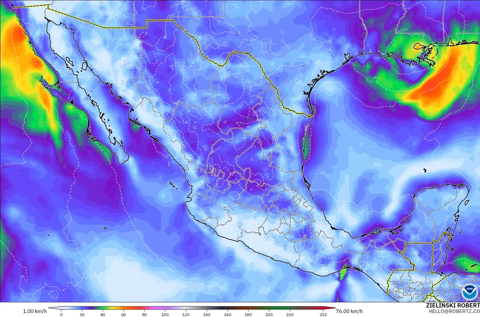 GFS modelo - México, Ráfagas de viento