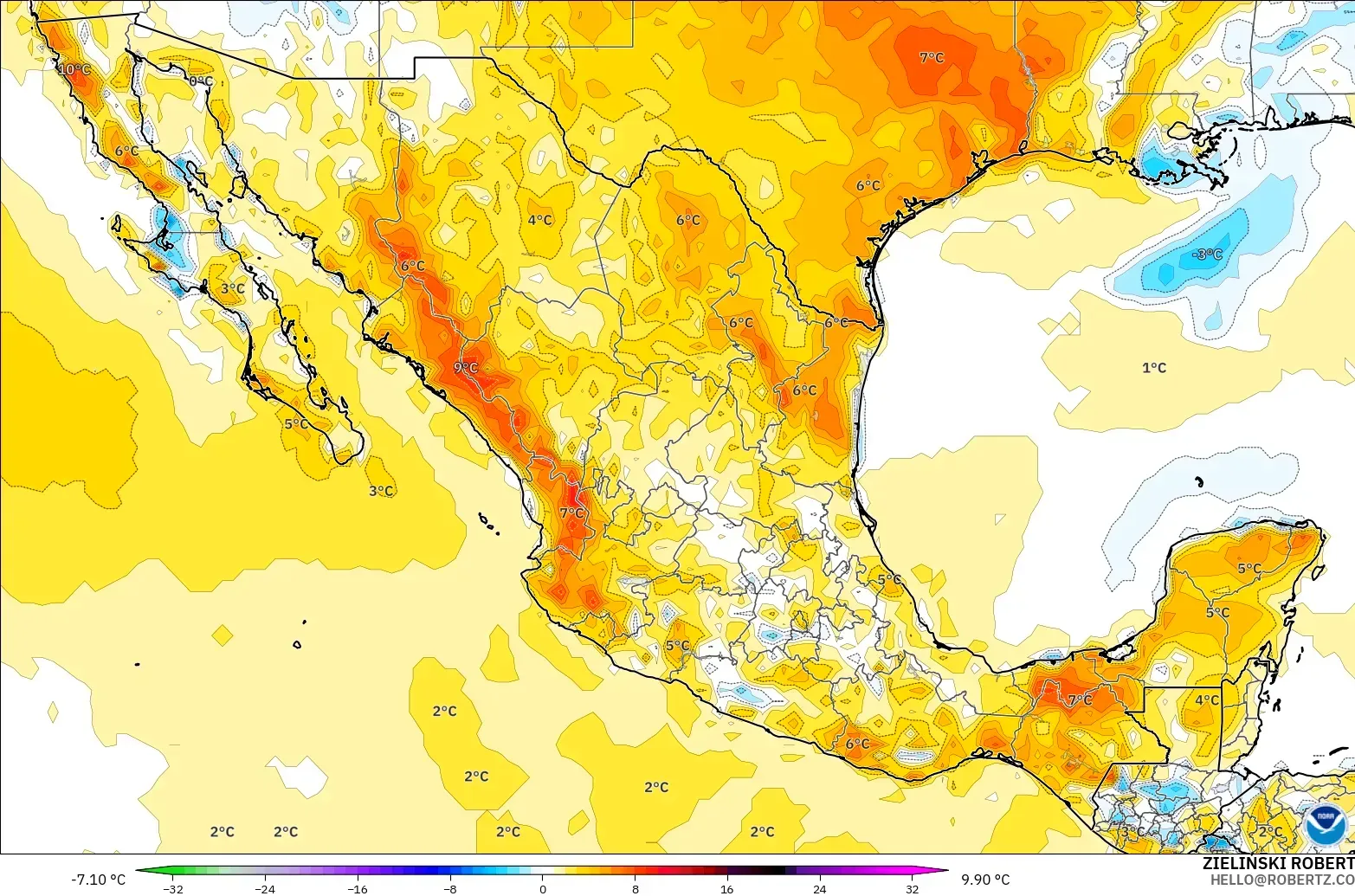 GFS modelo - México, Anomalía de temperatura a 2 m
