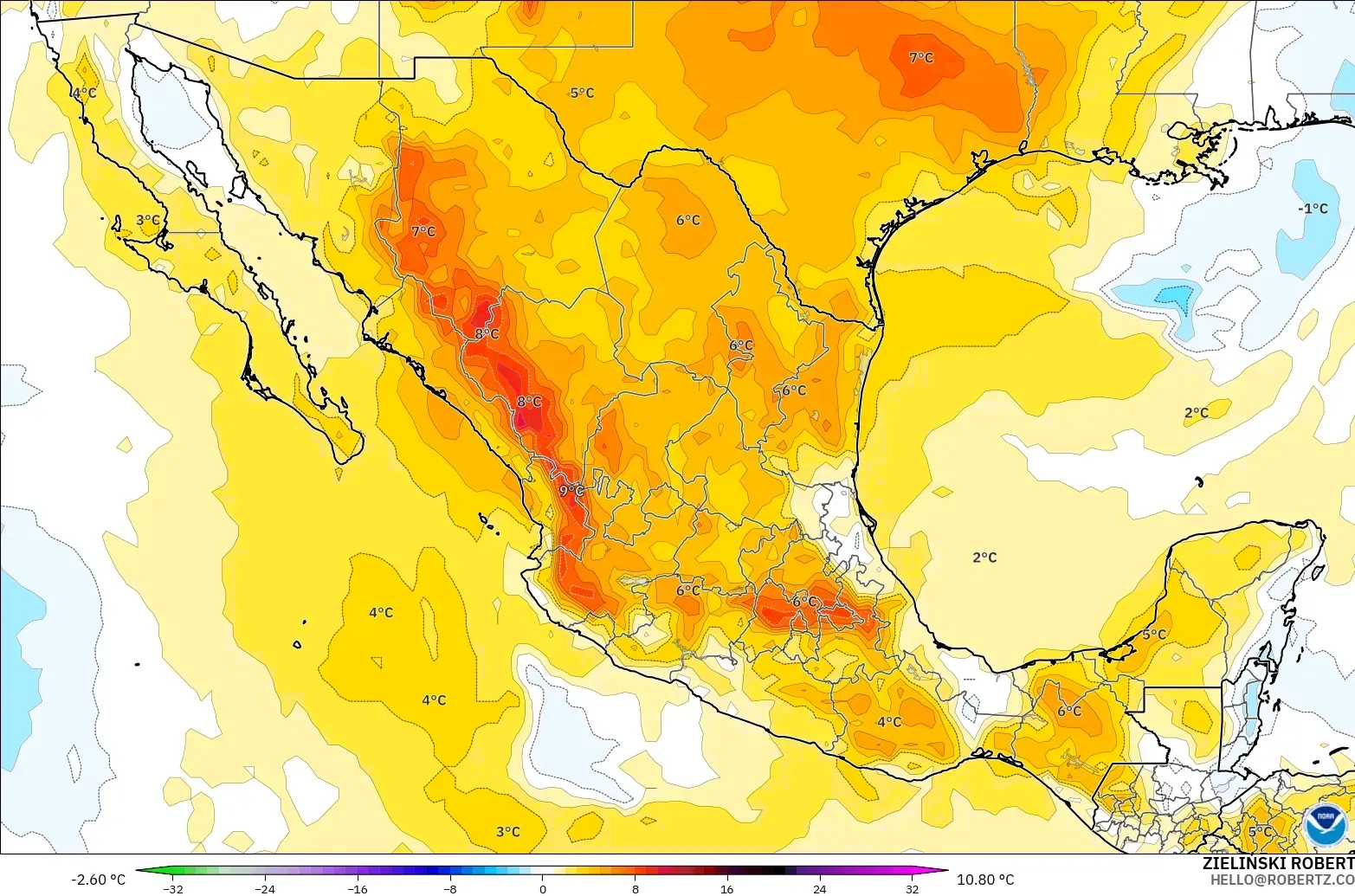 GFS modelo - México, Anomalía de temperatura a 850 hPa