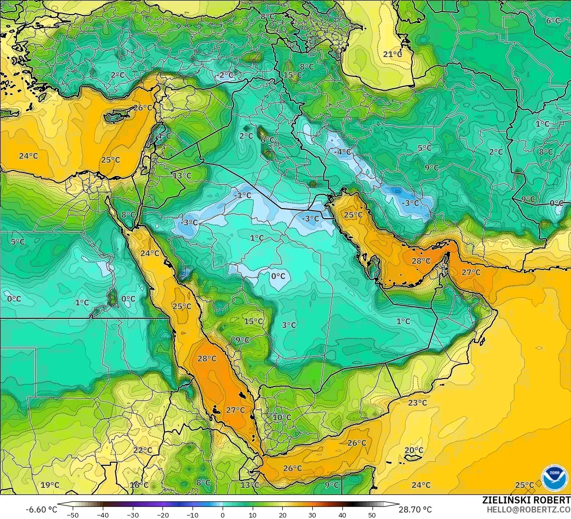 GFS modelo - Oriente Medio, Punto de rocío a 2 m