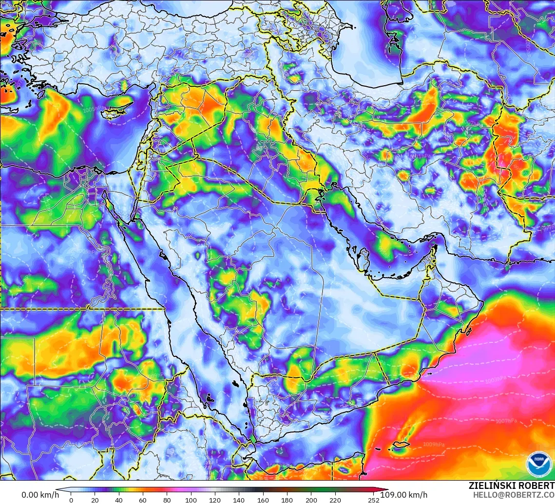 GFS modelo - Oriente Medio, Ráfagas de viento