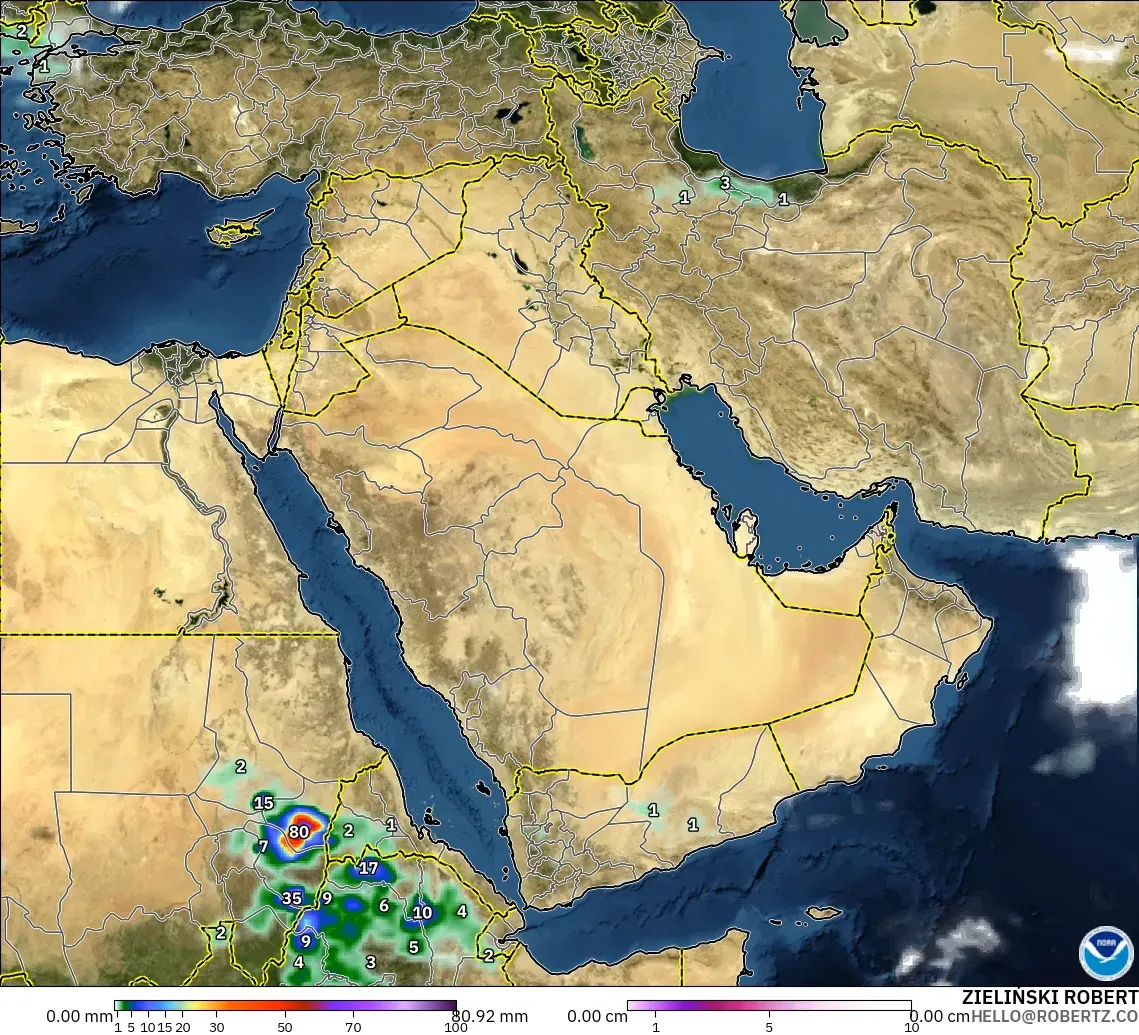 GFS modelo - Oriente Medio, Precipitación, nubes y presión
