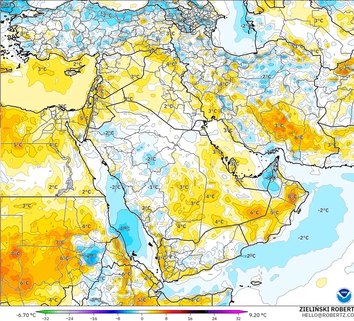 GFS modelo - Oriente Medio, Anomalía de temperatura a 2 m