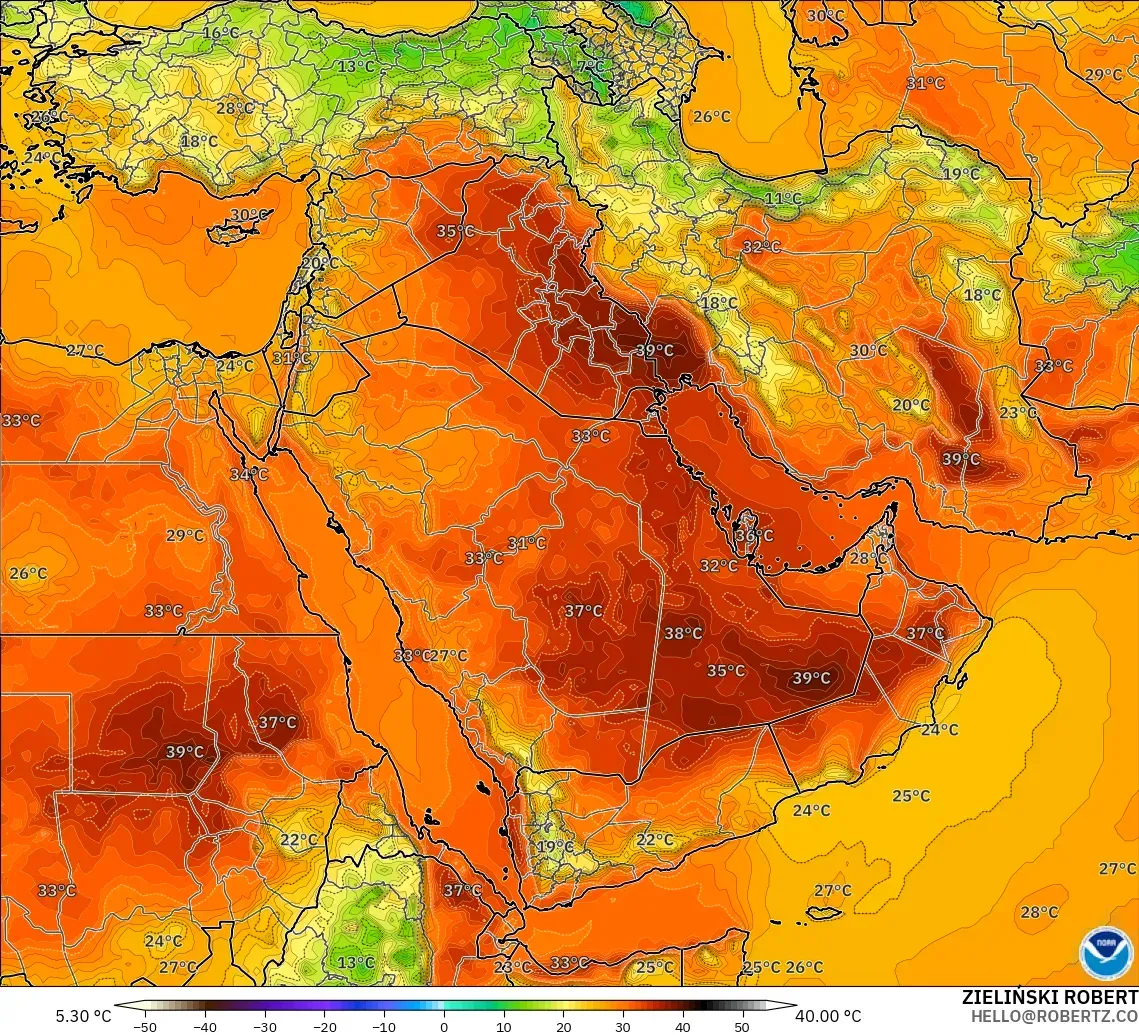 GFS modelo - Oriente Medio, Temperatura a 2 m