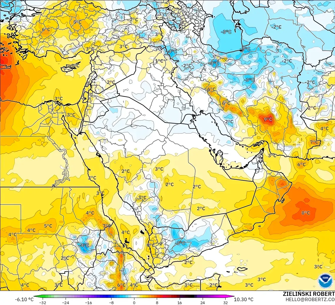 GFS modelo - Oriente Medio, Anomalía de temperatura a 850 hPa