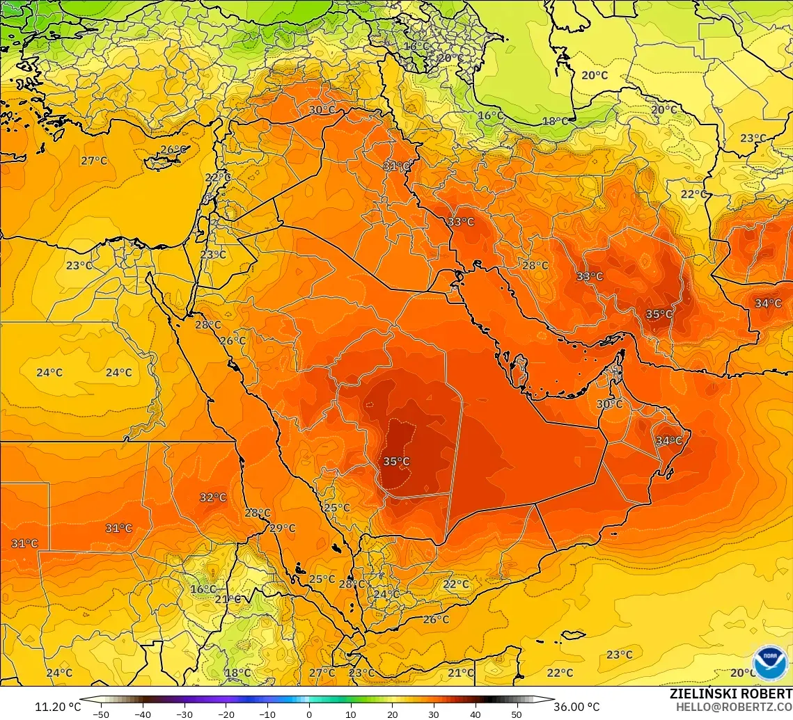 GFS modelo - Oriente Medio, Temperatura a 850 hPa