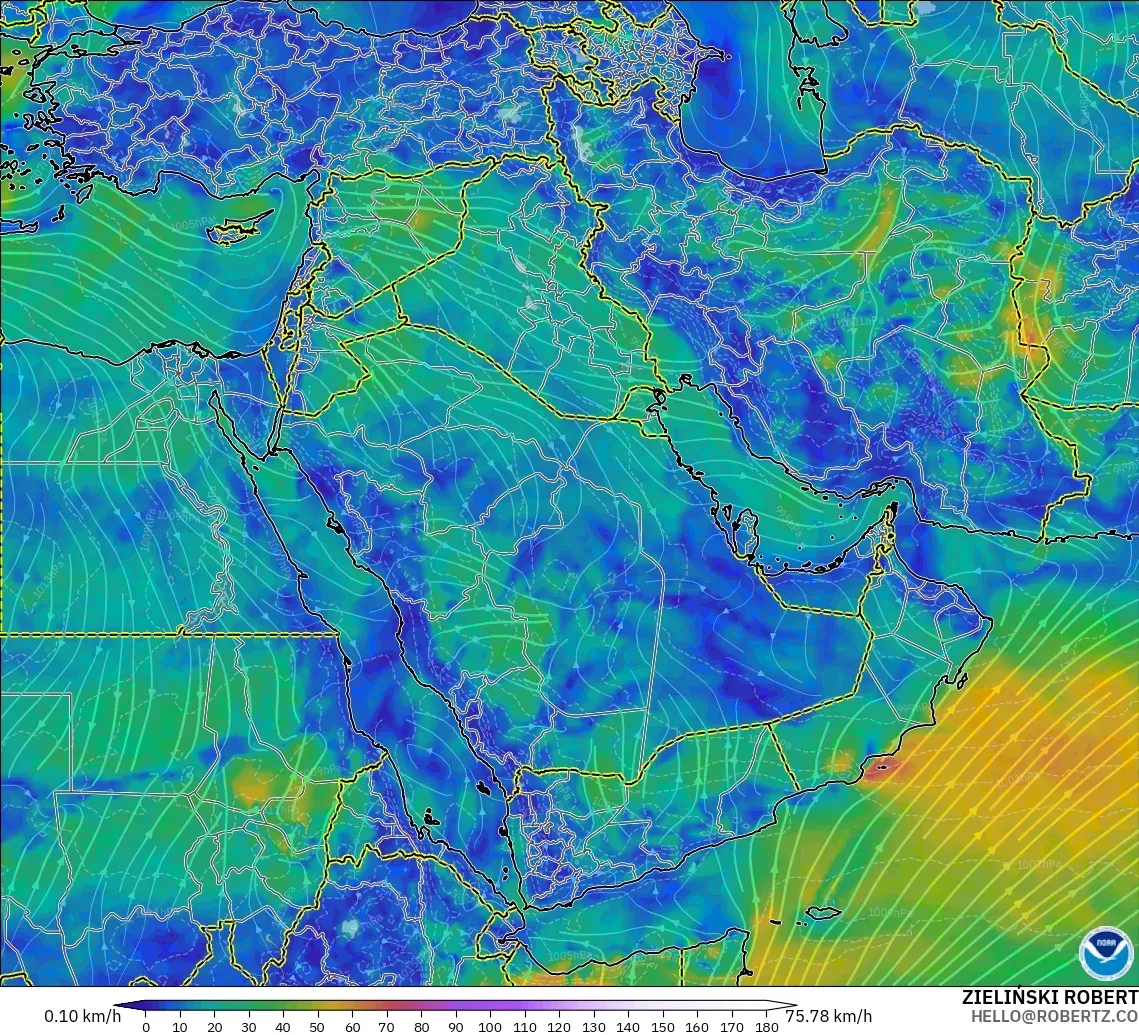 GFS modelo - Oriente Medio, Viento a 10 m