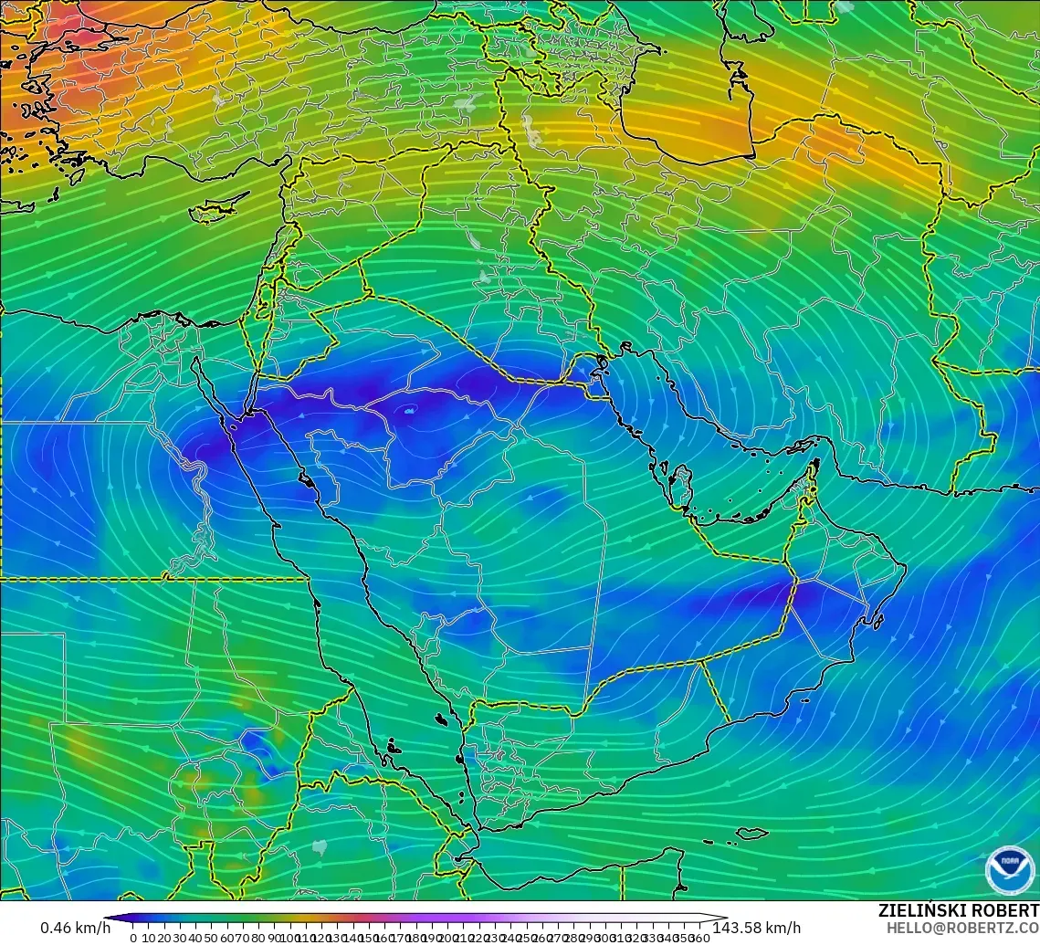 GFS modelo - Oriente Medio, Viento a 300 hPa (corriente en chorro)