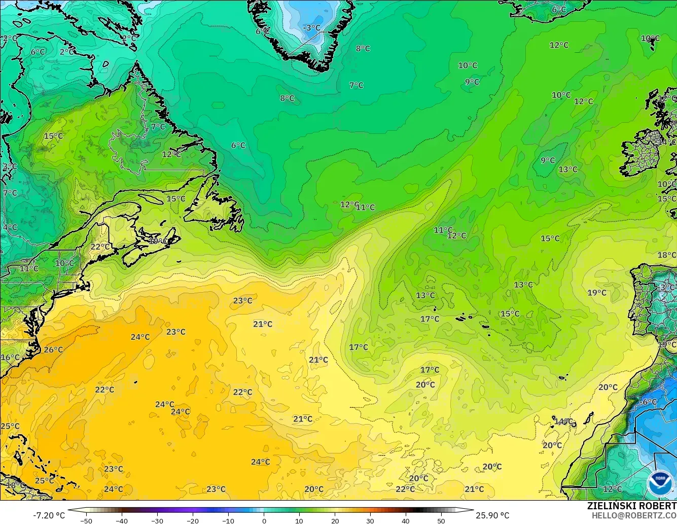 GFS modelo - Norte Atlántico, Punto de rocío a 2 m