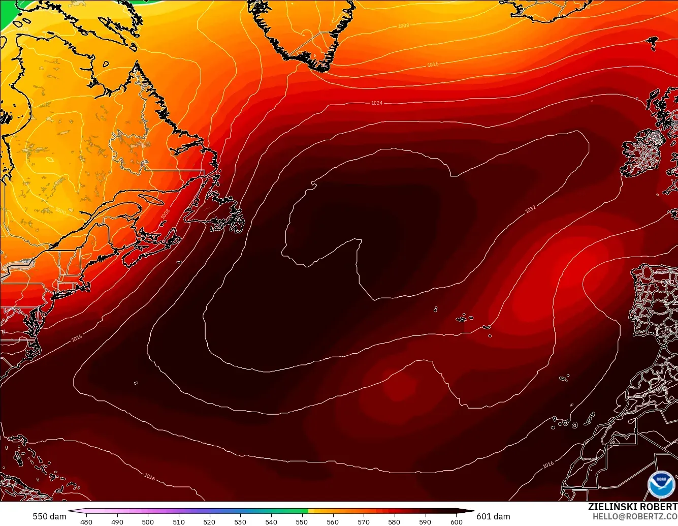 GFS modelo - Norte Atlántico, Altura geopotencial a 500 hPa