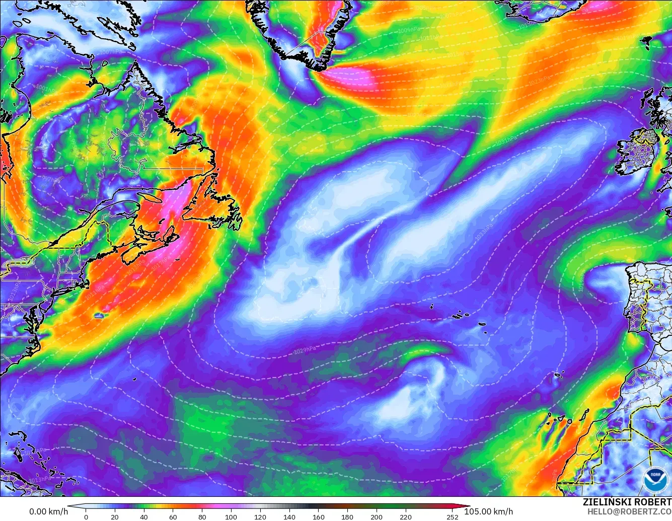 GFS modelo - Norte Atlántico, Ráfagas de viento