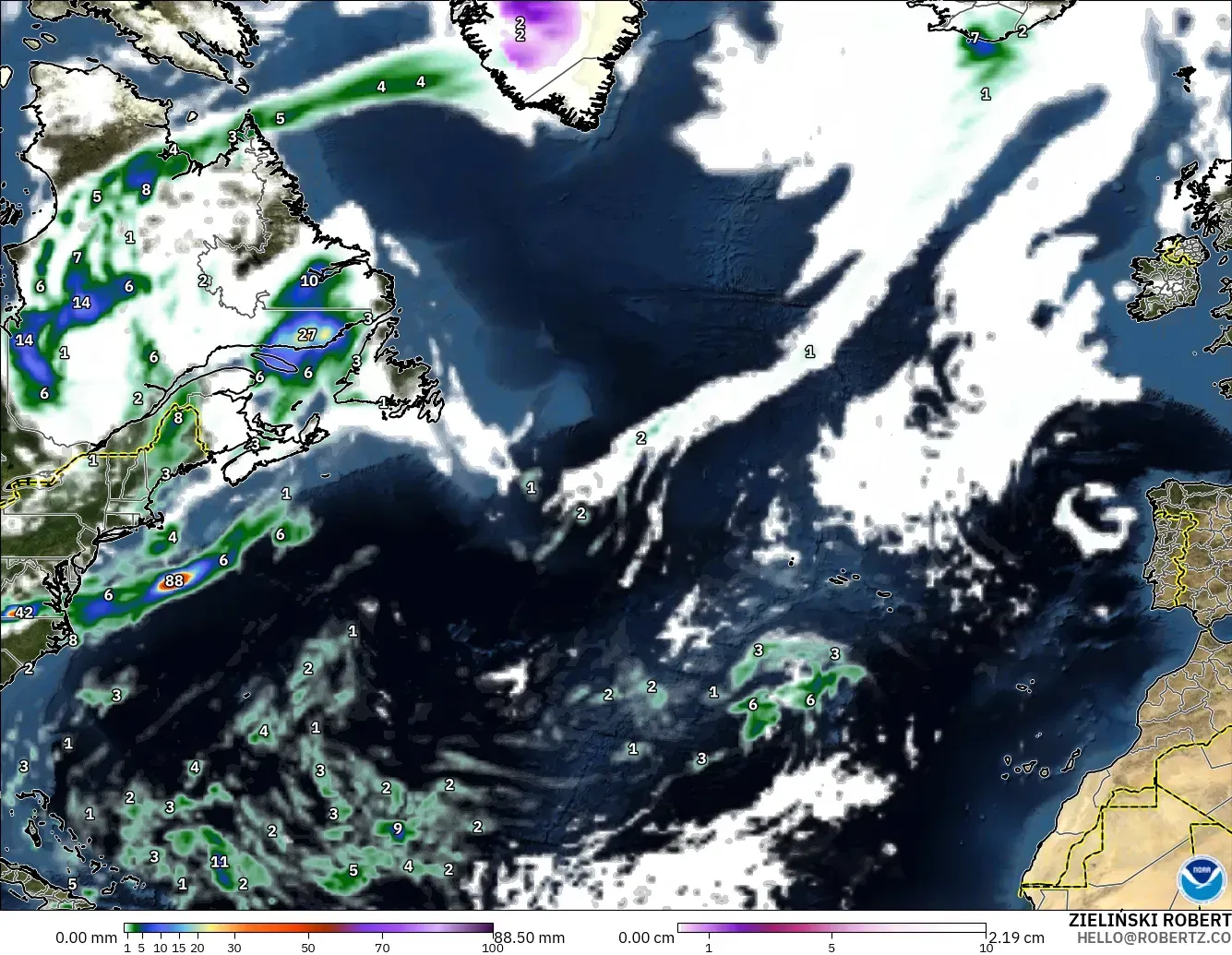 GFS modelo - Norte Atlántico, Precipitación, nubes y presión