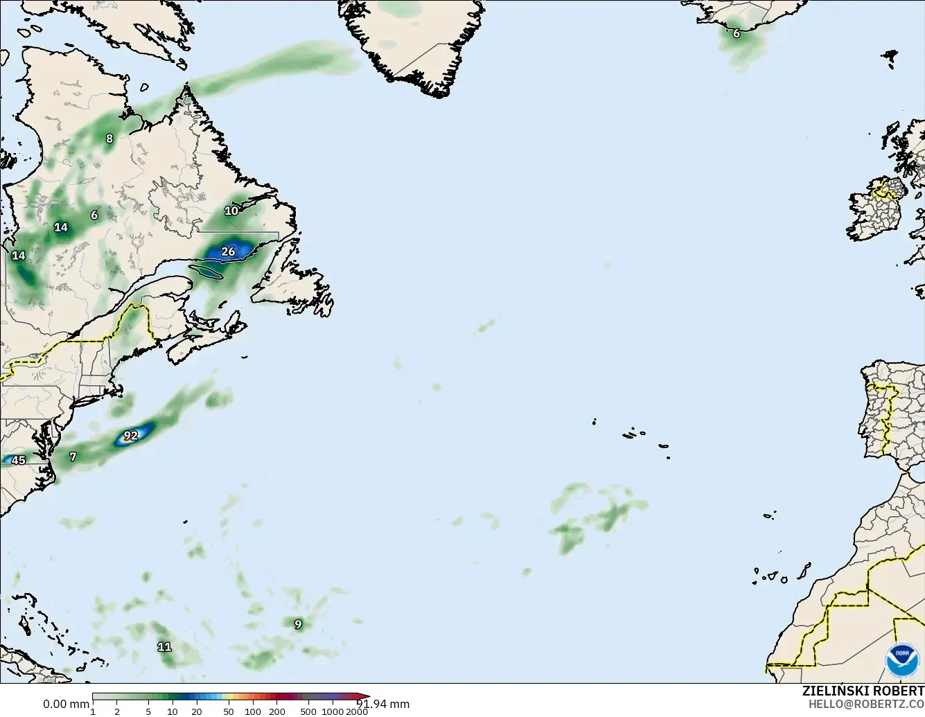 GFS modelo - Norte Atlántico, Acumulación de precipitación