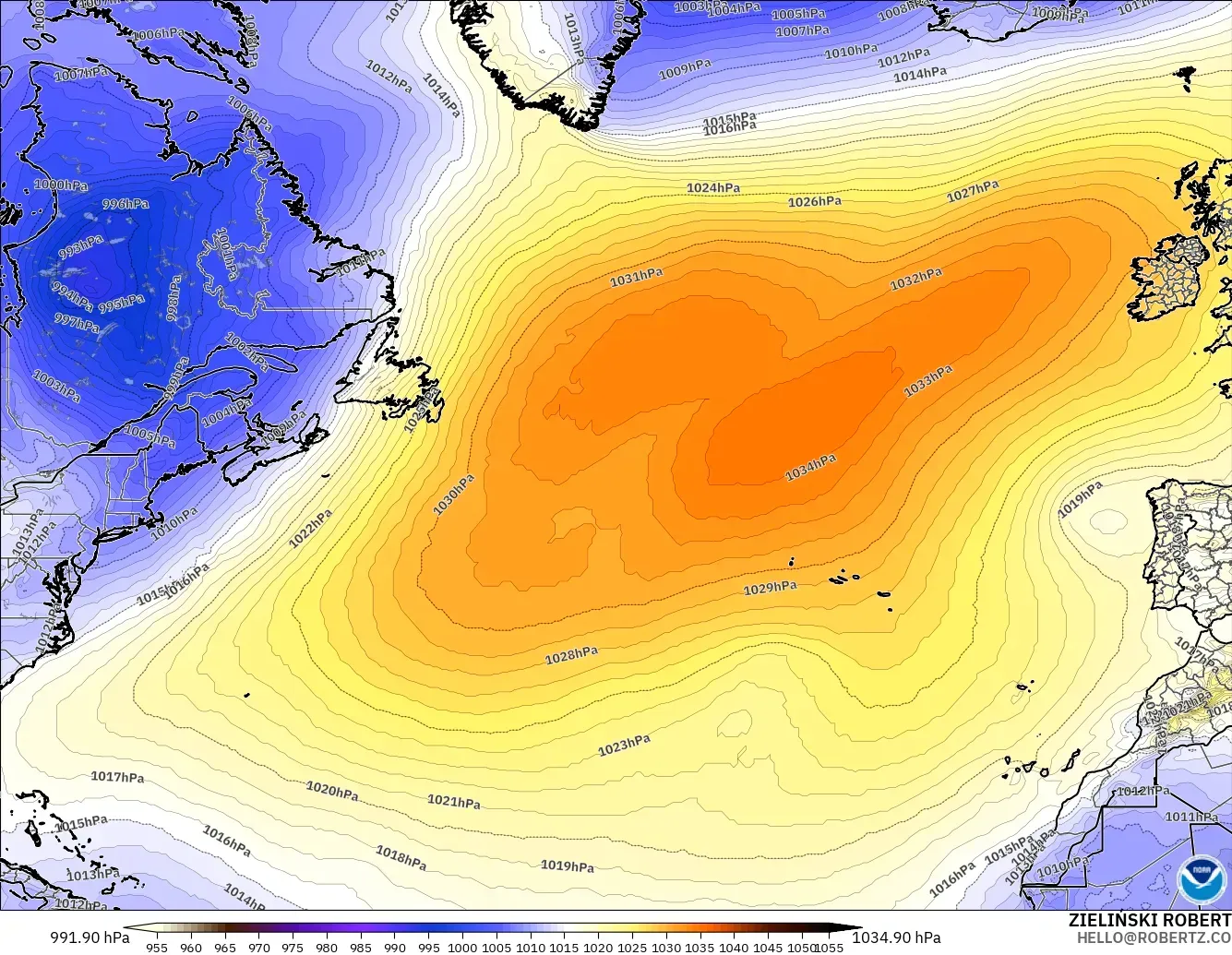 GFS modelo - Norte Atlántico, Presión