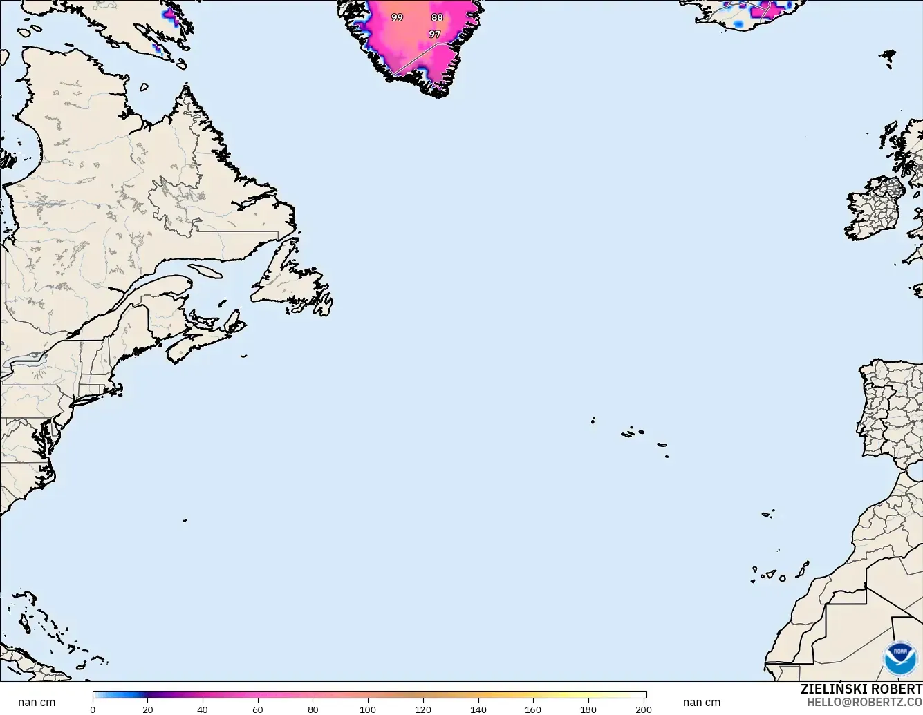 GFS modelo - Norte Atlántico, Profundidad de nieve