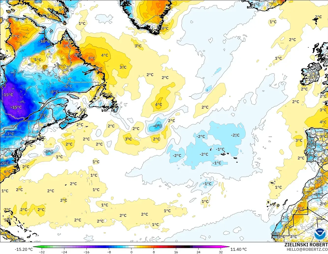 GFS modelo - Norte Atlántico, Anomalía de temperatura a 2 m