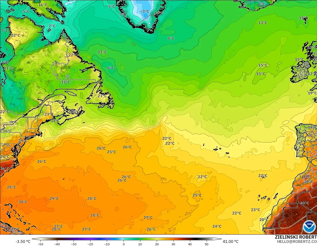GFS modelo - Norte Atlántico, Temperatura a 2 m