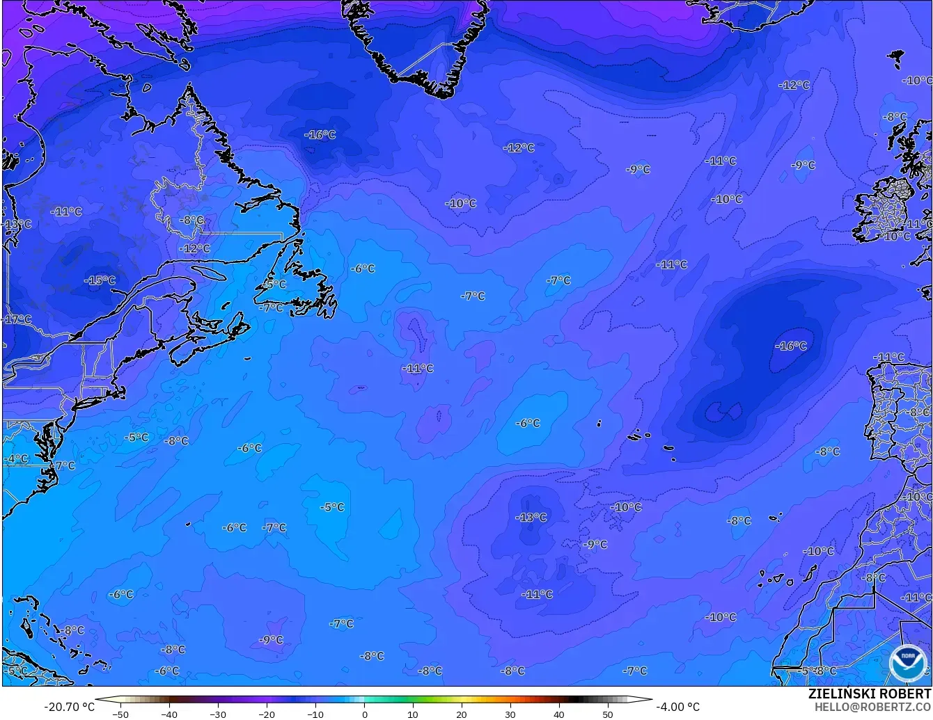 GFS modelo - Norte Atlántico, Temperatura a 500 hPa