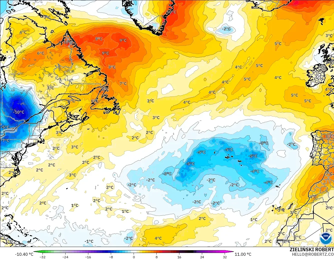GFS modelo - Norte Atlántico, Anomalía de temperatura a 850 hPa