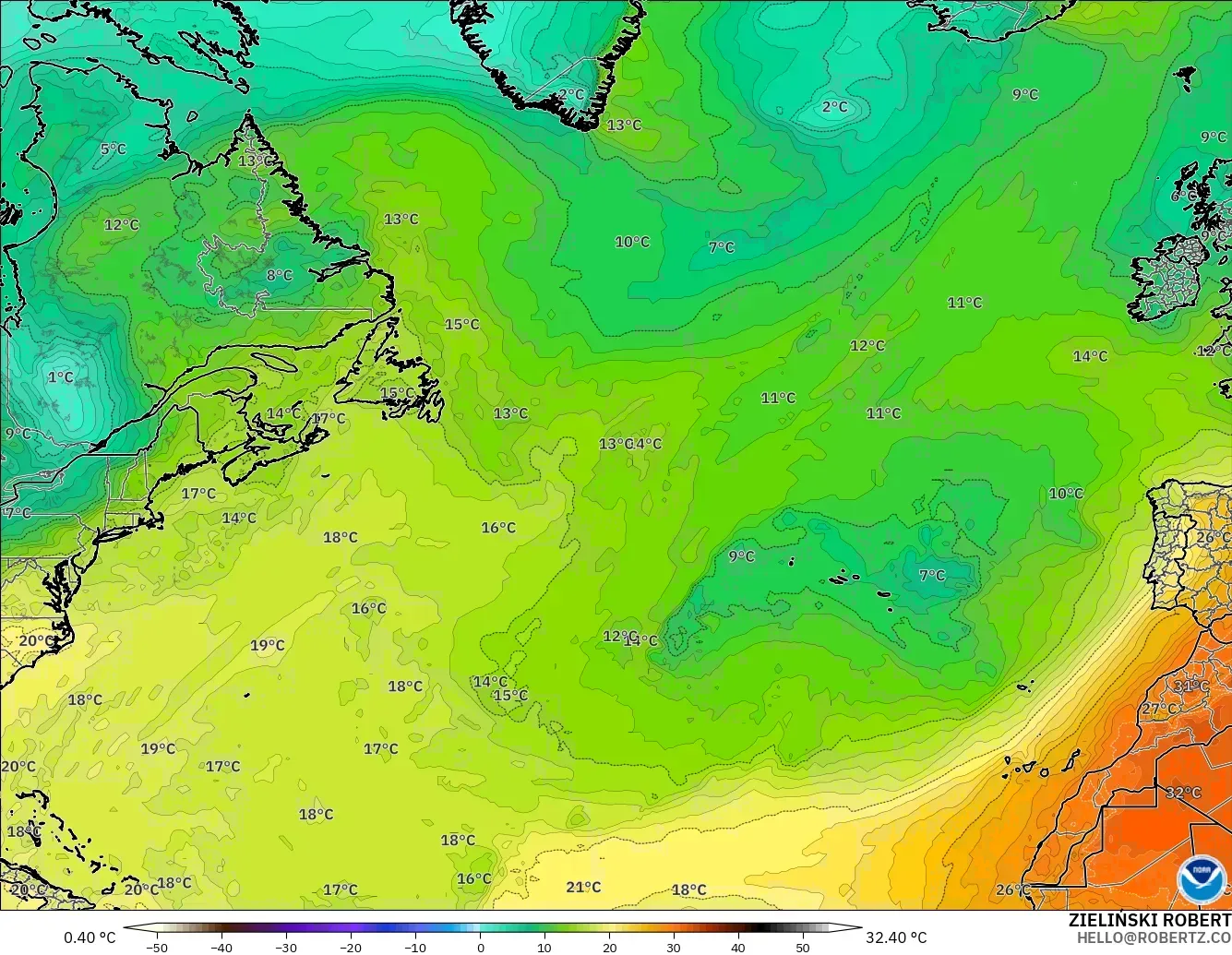 GFS modelo - Norte Atlántico, Temperatura a 850 hPa