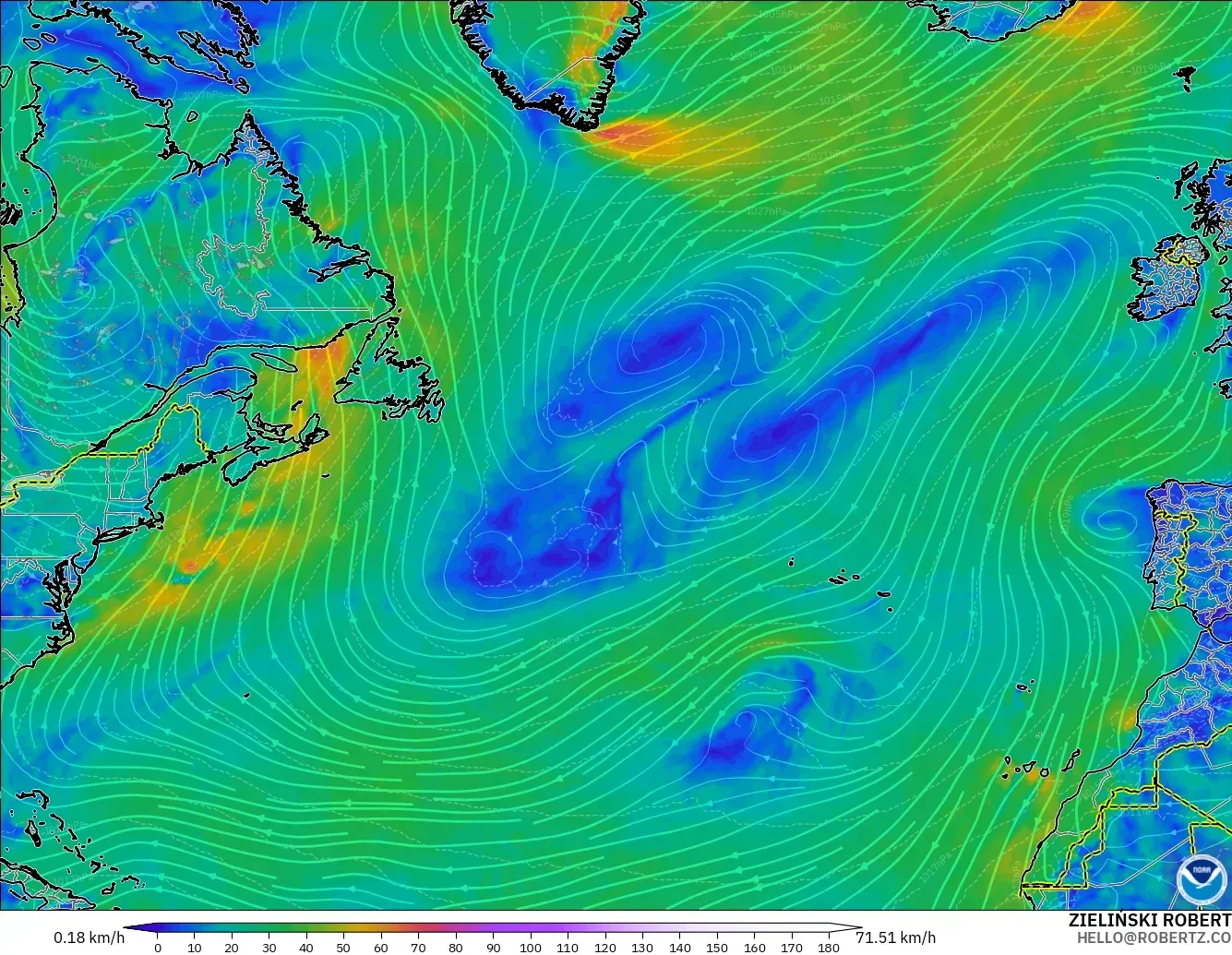 GFS modelo - Norte Atlántico, Viento a 10 m