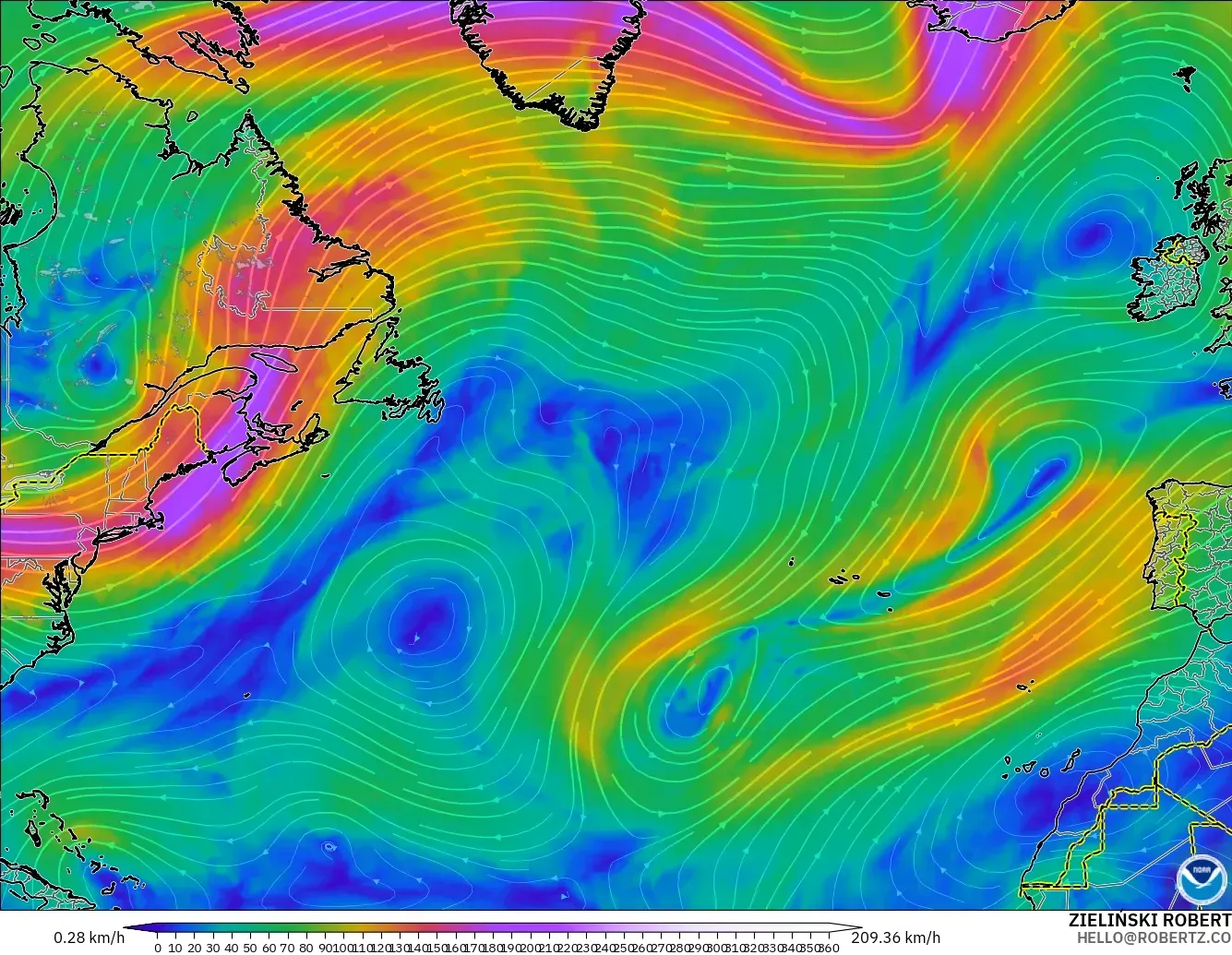 GFS modelo - Norte Atlántico, Viento a 300 hPa (corriente en chorro)