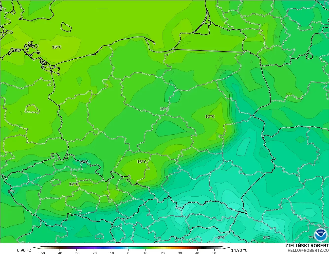GFS modelo - Polonia, Punto de rocío a 2 m