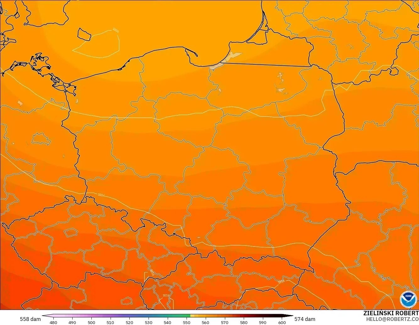 GFS modelo - Polonia, Altura geopotencial a 500 hPa