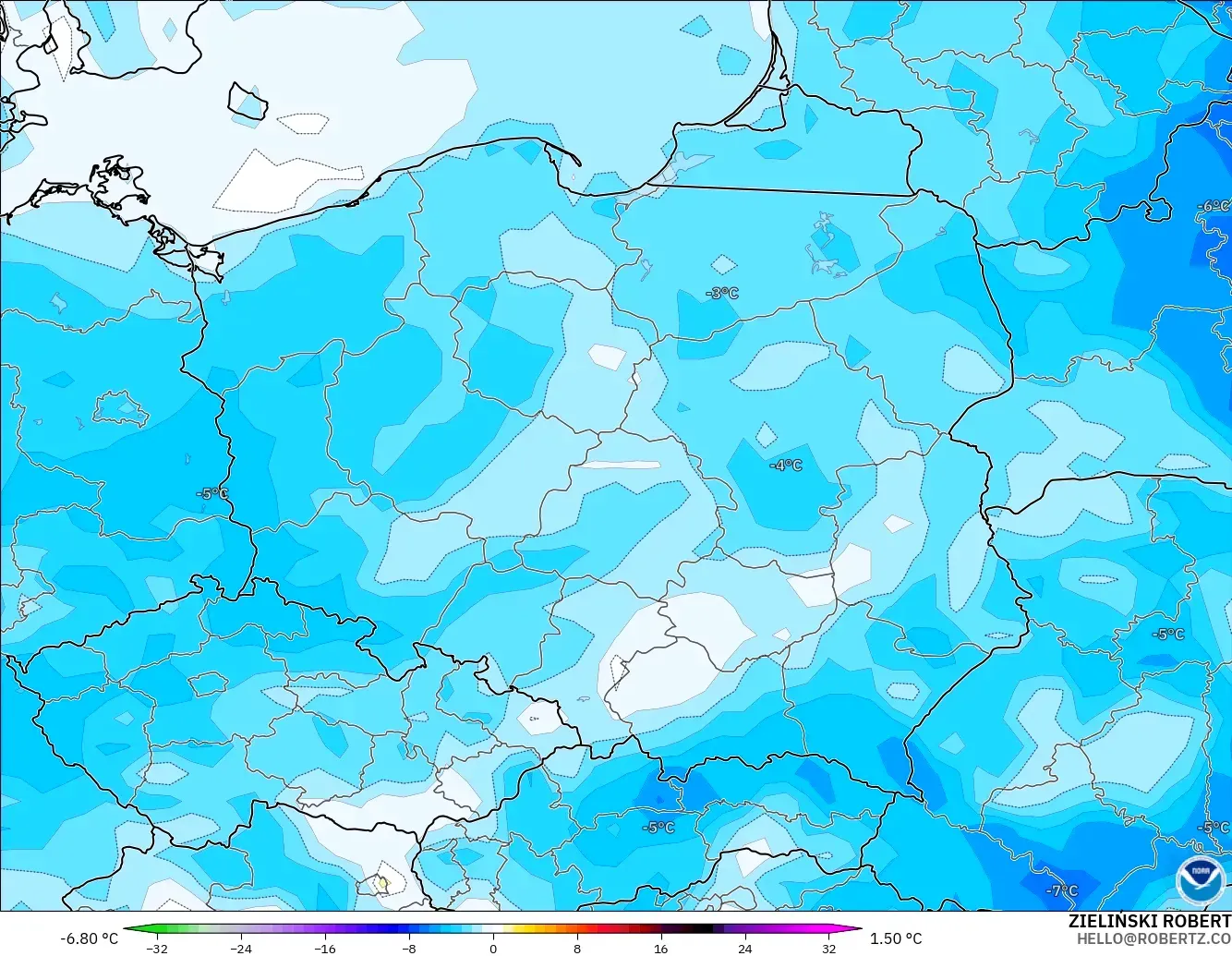 GFS modelo - Polonia, Anomalía de temperatura a 2 m