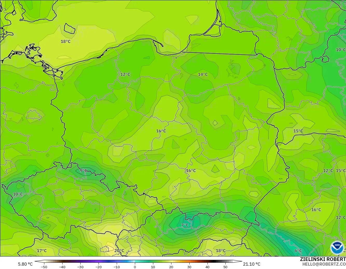 GFS modelo - Polonia, Temperatura a 2 m