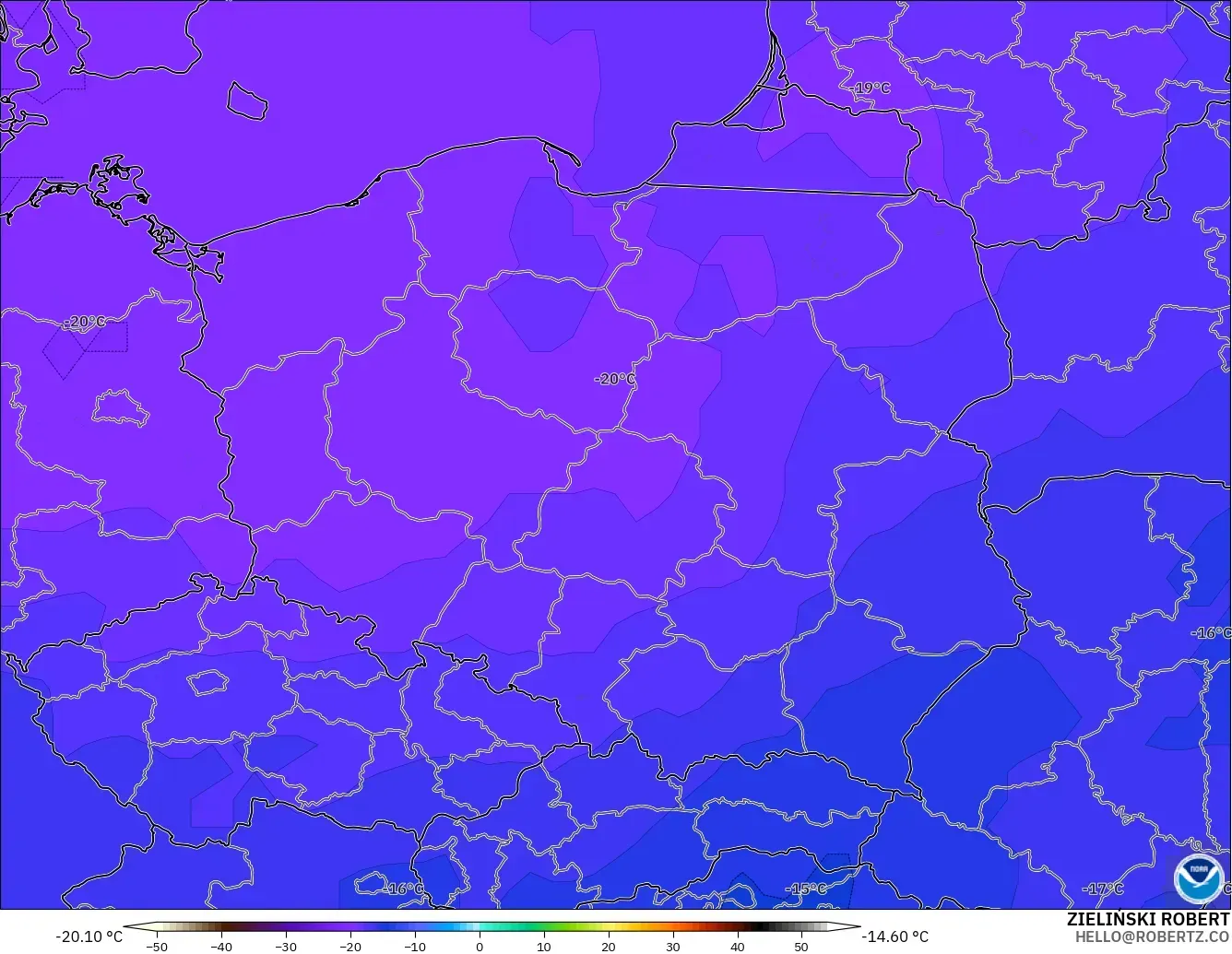 GFS modelo - Polonia, Temperatura a 500 hPa