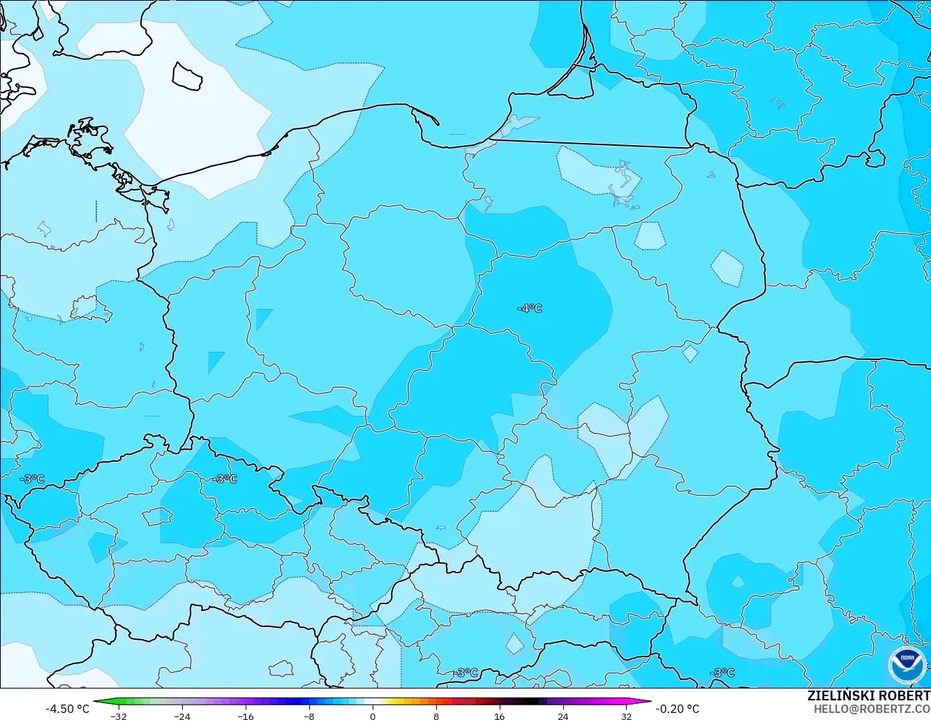 GFS modelo - Polonia, Anomalía de temperatura a 850 hPa