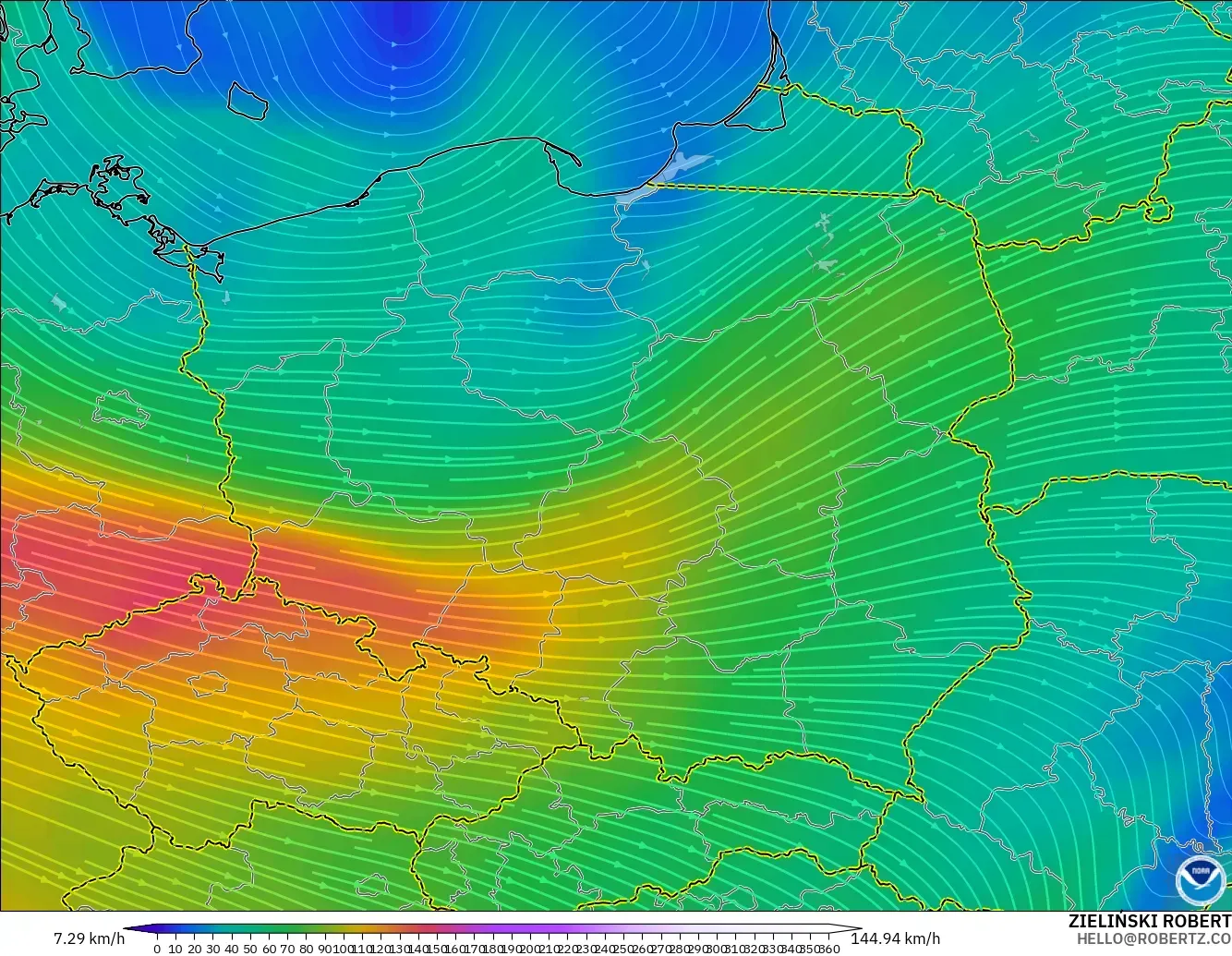 GFS modelo - Polonia, Viento a 300 hPa (corriente en chorro)