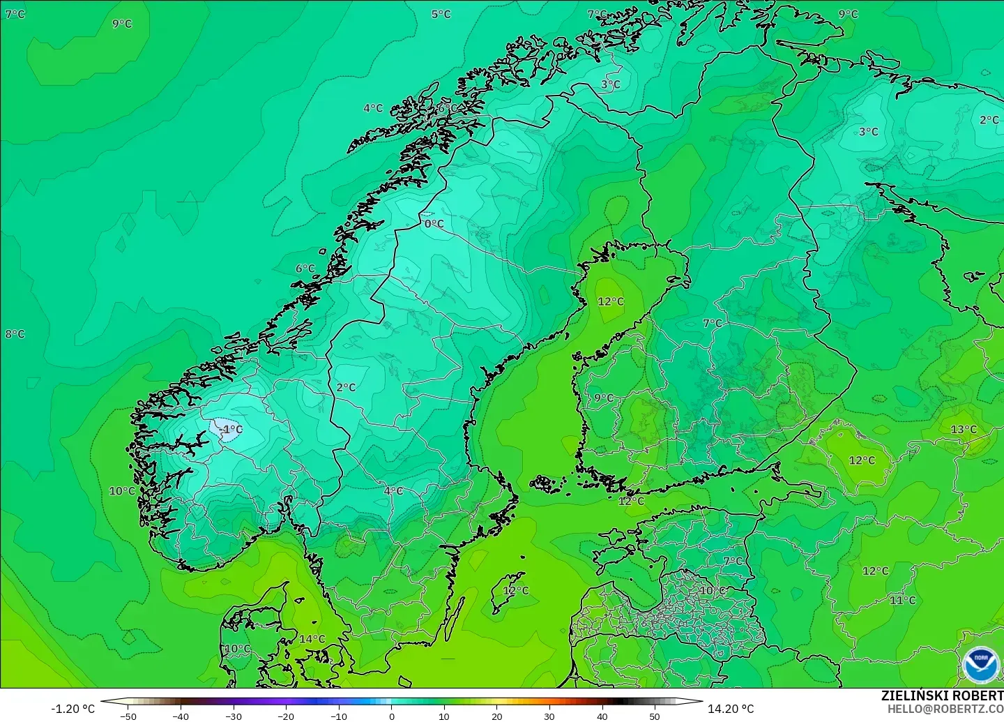 GFS modelo - Escandinavia, Punto de rocío a 2 m