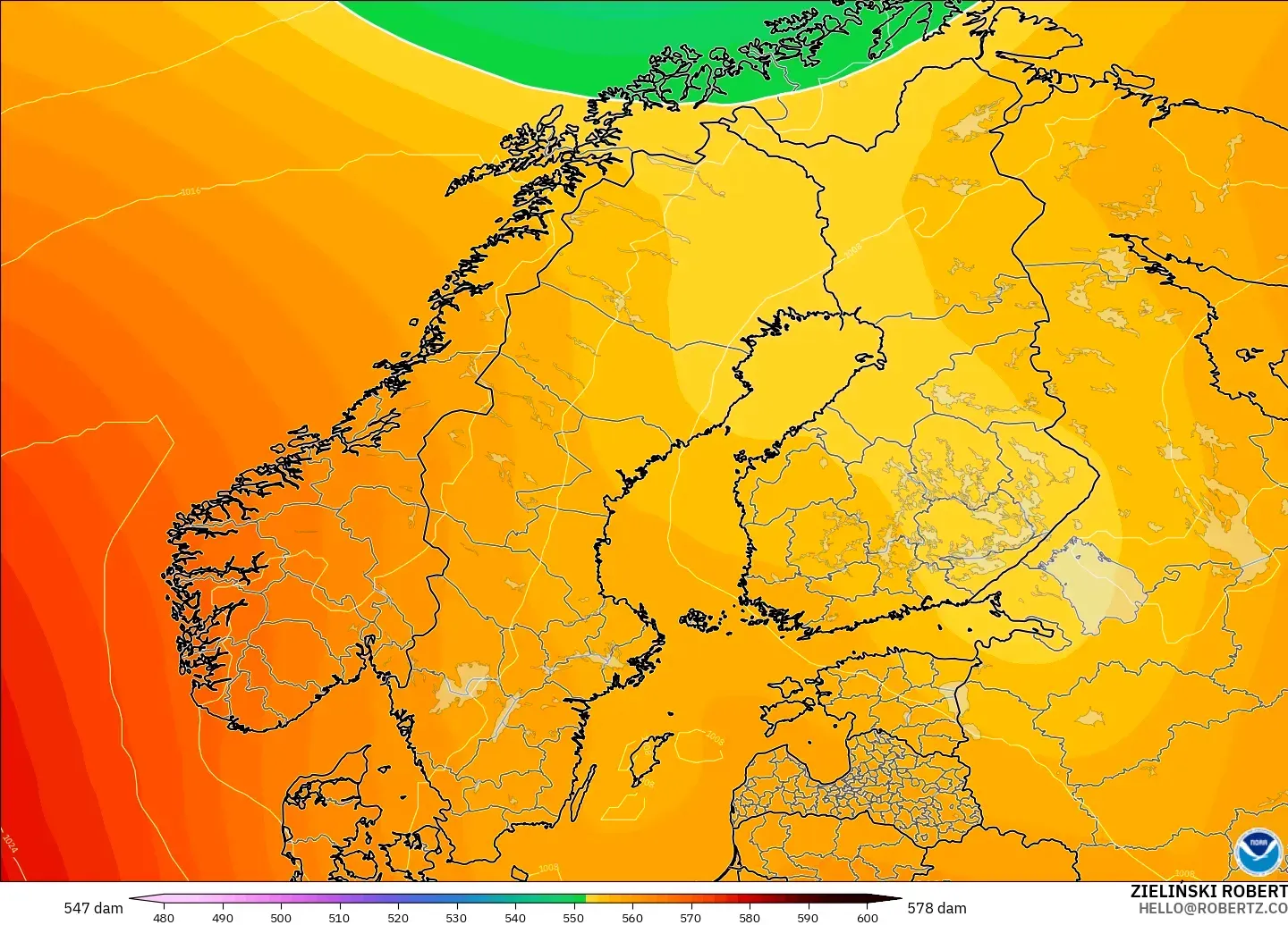 GFS modelo - Escandinavia, Altura geopotencial a 500 hPa