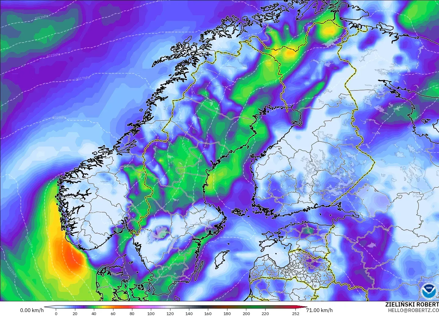 GFS modelo - Escandinavia, Ráfagas de viento