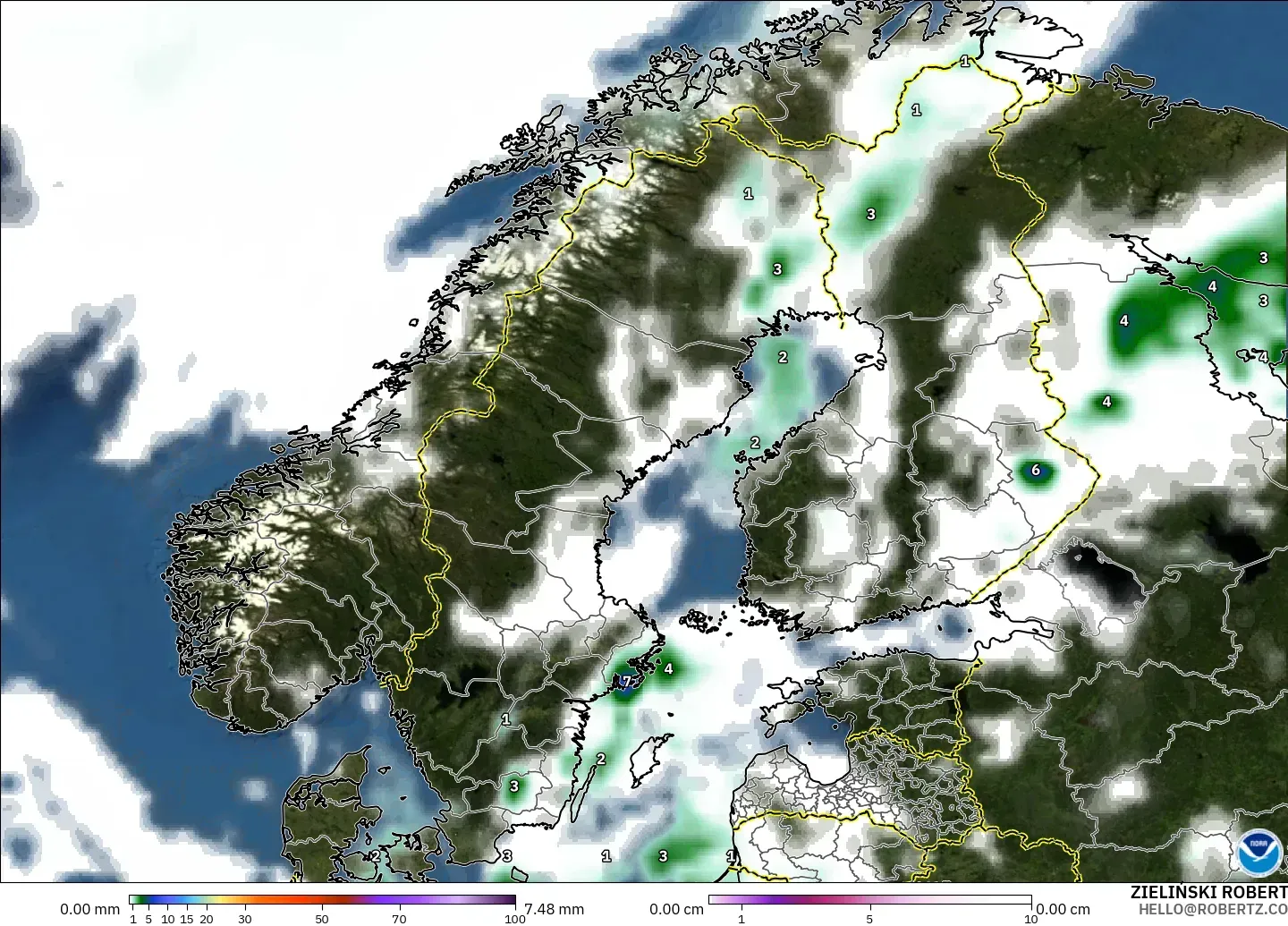 GFS modelo - Escandinavia, Precipitación, nubes y presión