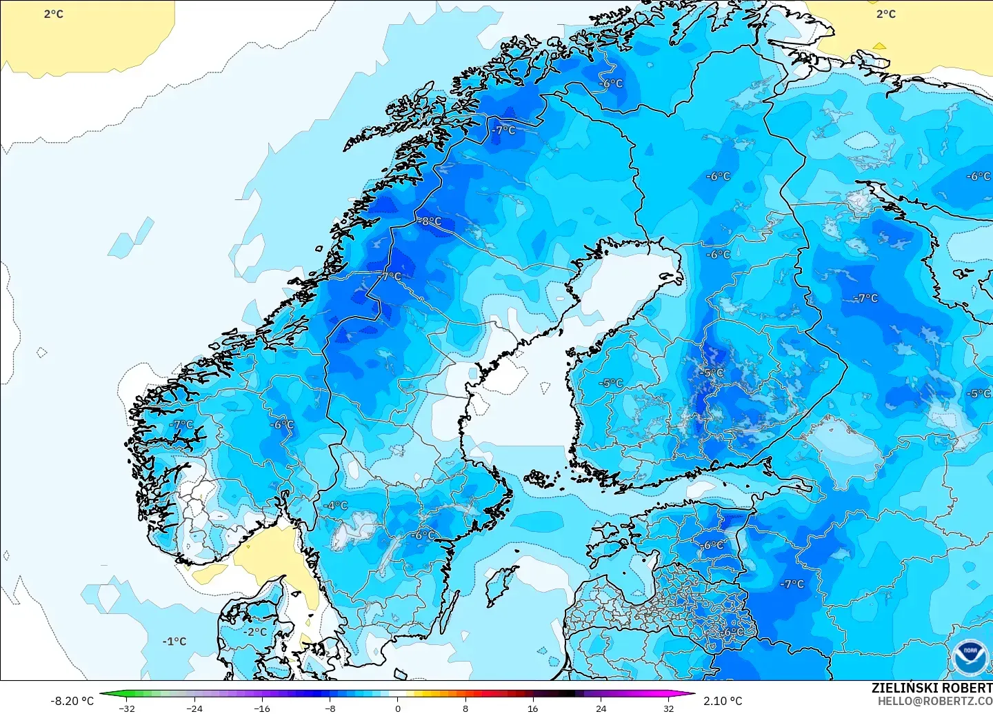 GFS modelo - Escandinavia, Anomalía de temperatura a 2 m